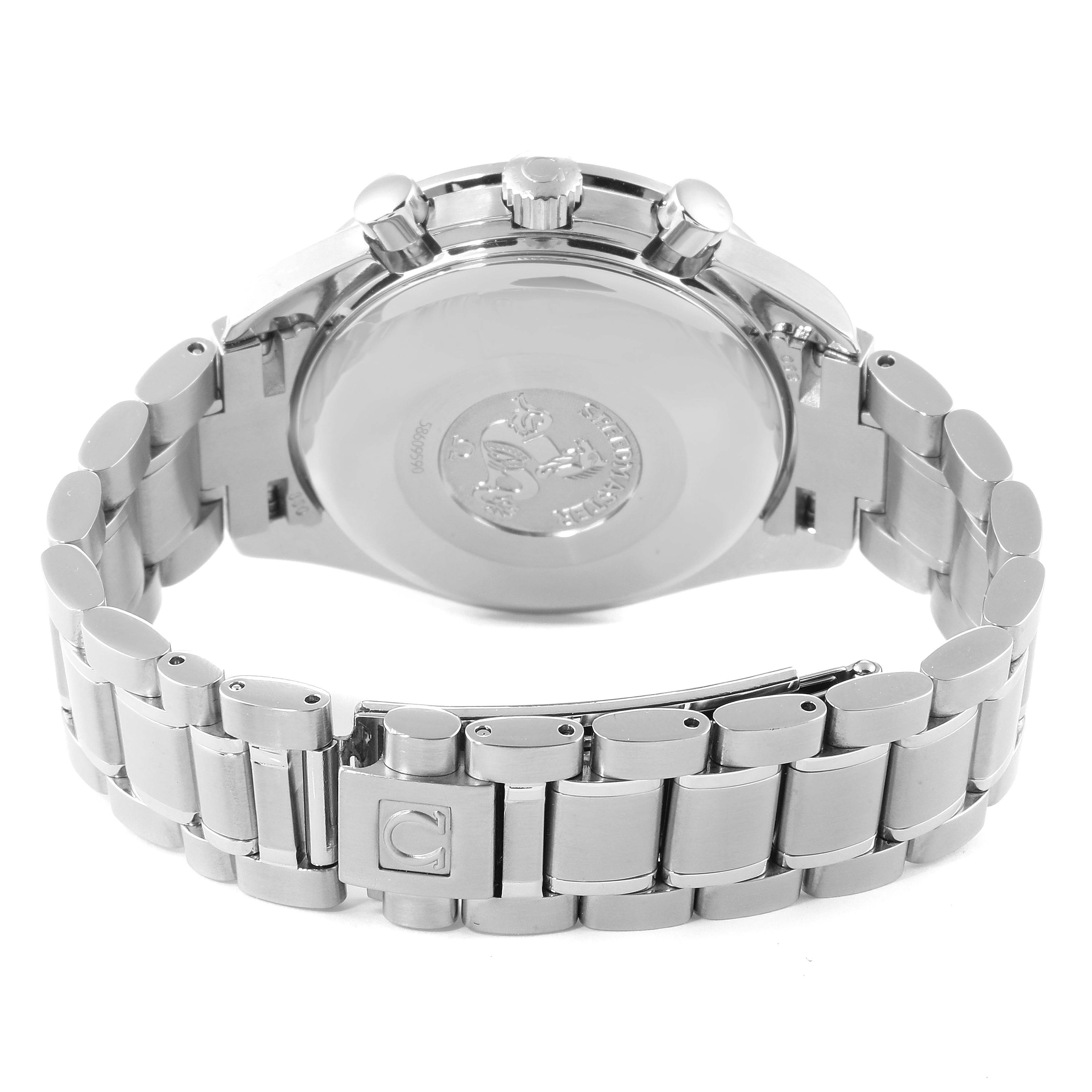 This image shows the back case and stainless steel bracelet of an Omega Speedmaster 3523.30.00 Men's Stainless Steel Silver Dial 3523.30.00 Men's Stainless Steel Silver Dial watch from a rear angle.