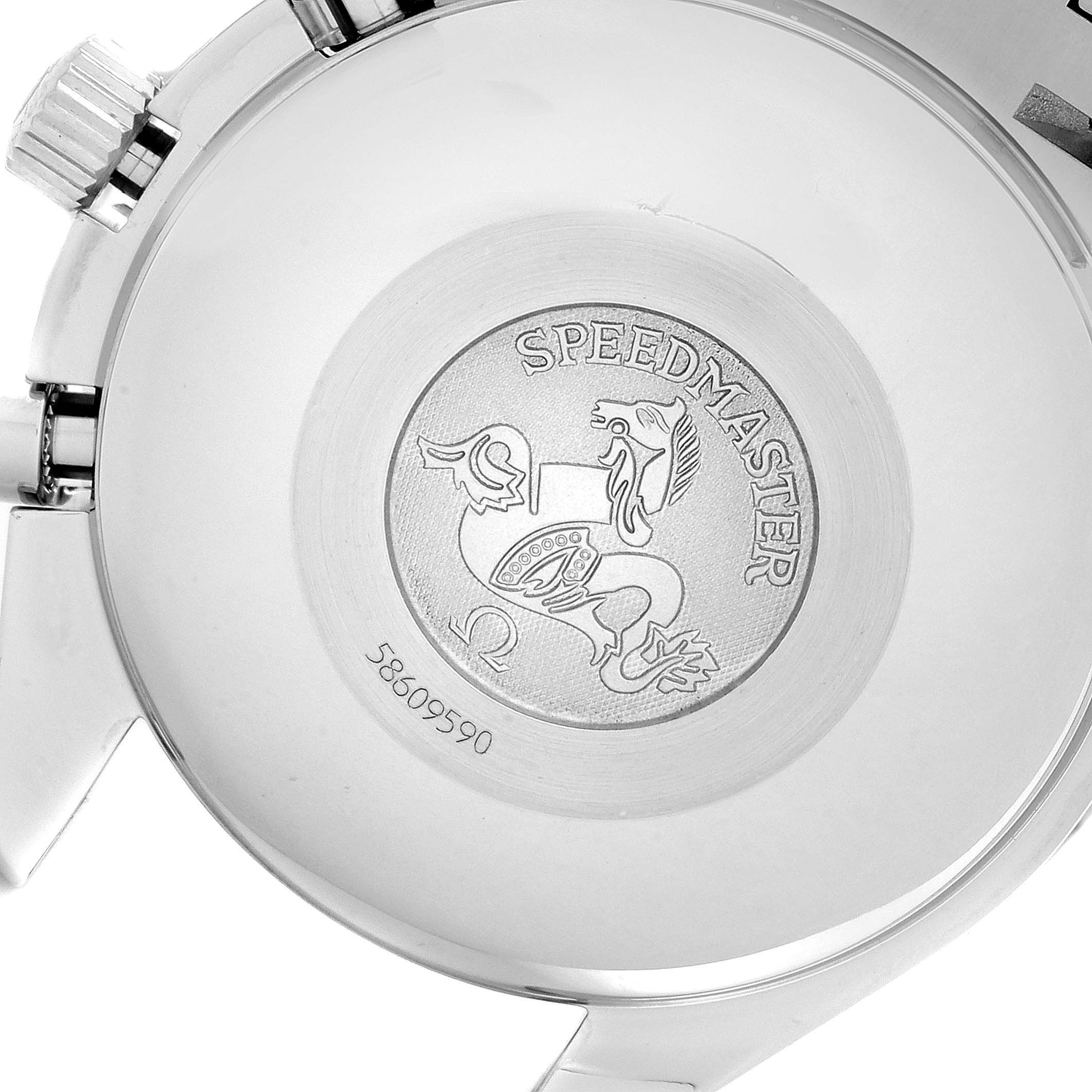 The image shows the back case of an Omega Speedmaster 3523.30.00 Men's Stainless Steel Silver Dial 3523.30.00 Men's Stainless Steel Silver Dial watch with engraved details and the serial number.
