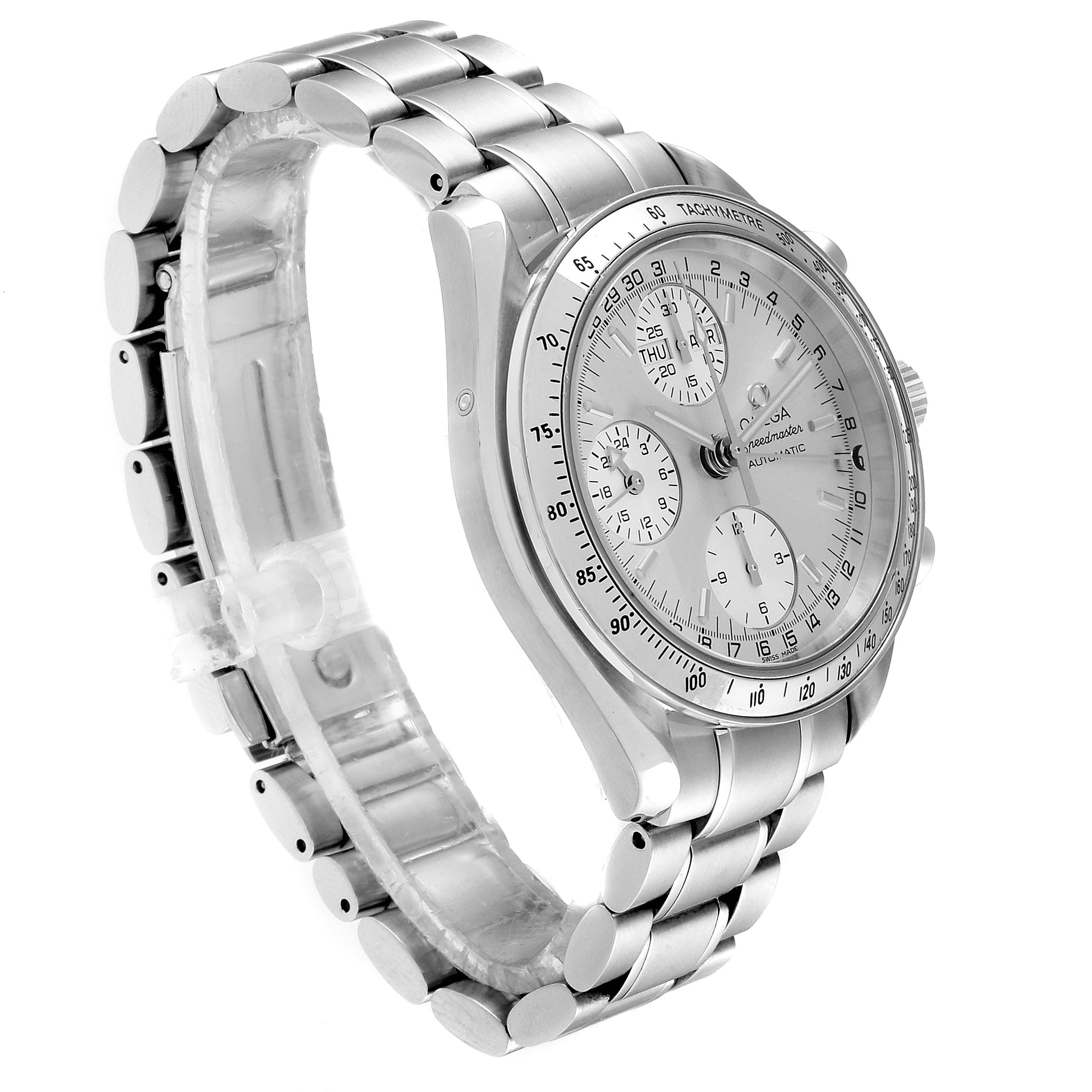 The image shows an angled side view of the Omega Speedmaster 3523.30.00 Men's Stainless Steel Silver Dial 3523.30.00 Men's Stainless Steel Silver Dial watch, highlighting its stainless steel bracelet and chronograph dial.
