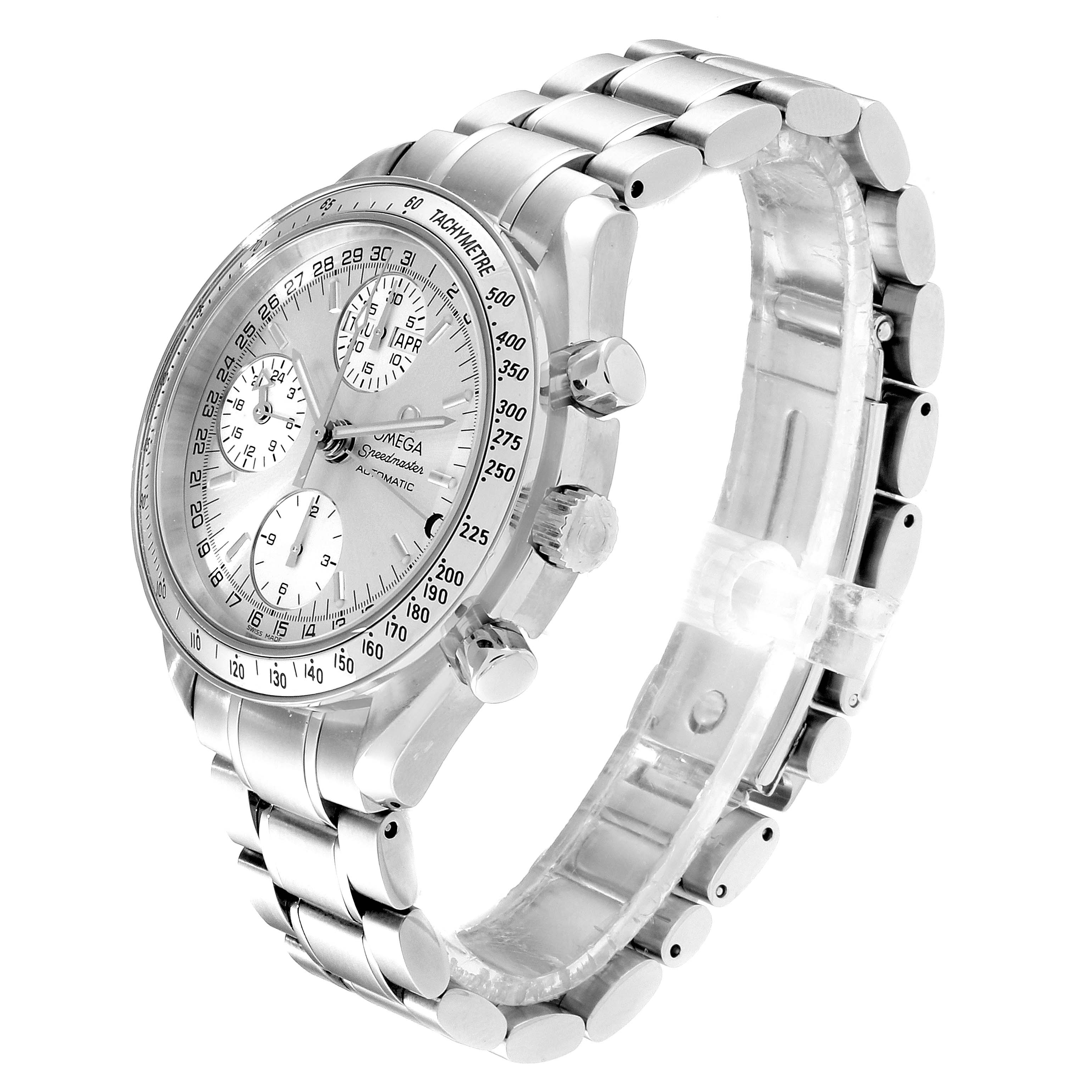 The image shows a side profile angle of an Omega Speedmaster 3523.30.00 Men's Stainless Steel Silver Dial 3523.30.00 Men's Stainless Steel Silver Dial watch, highlighting its dial, bracelet, and chronograph pushers.