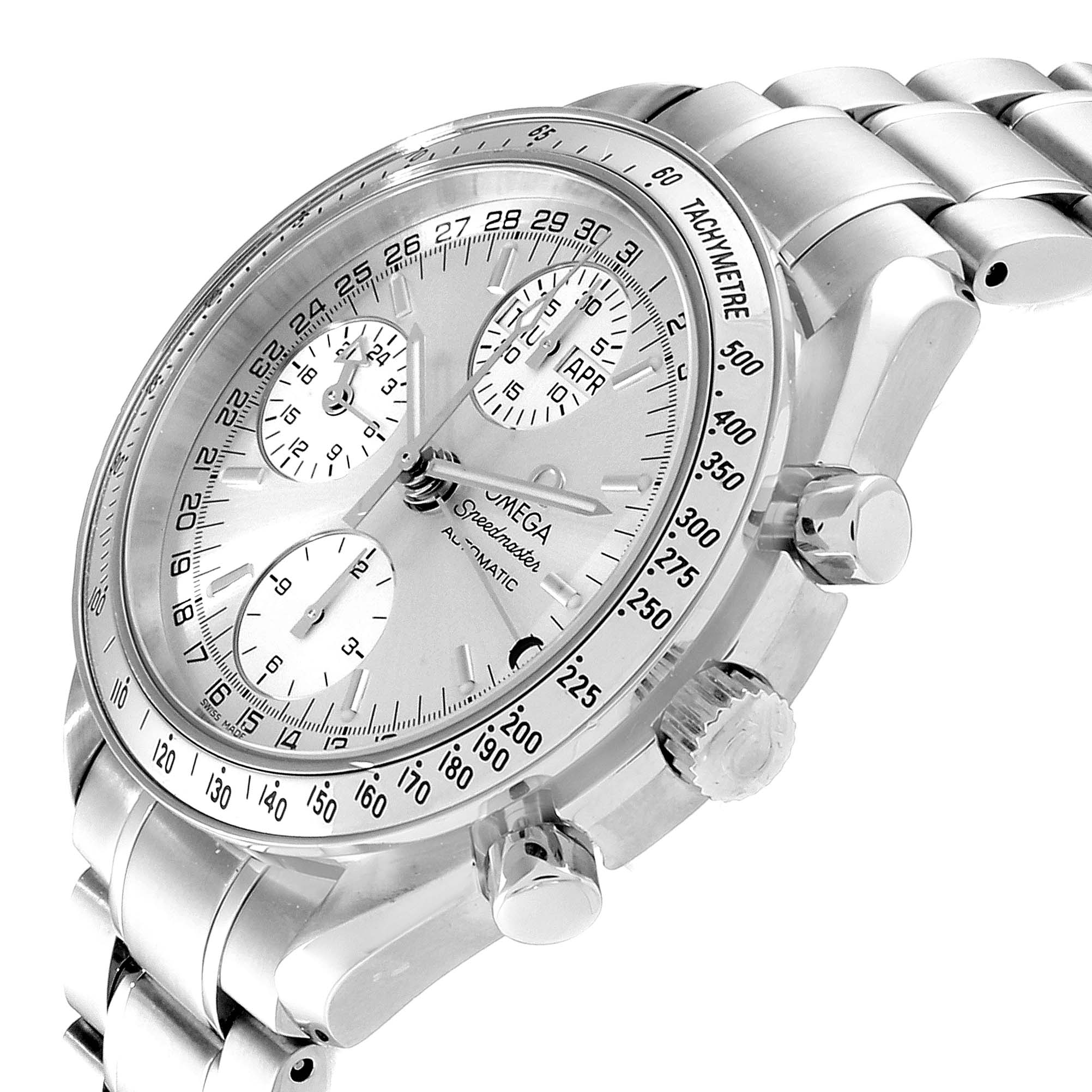 The image shows a side angle of the Omega Speedmaster 3523.30.00 Men's Stainless Steel Silver Dial 3523.30.00 Men's Stainless Steel Silver Dial watch, highlighting the dial, pushers, crown, and part of the bracelet.