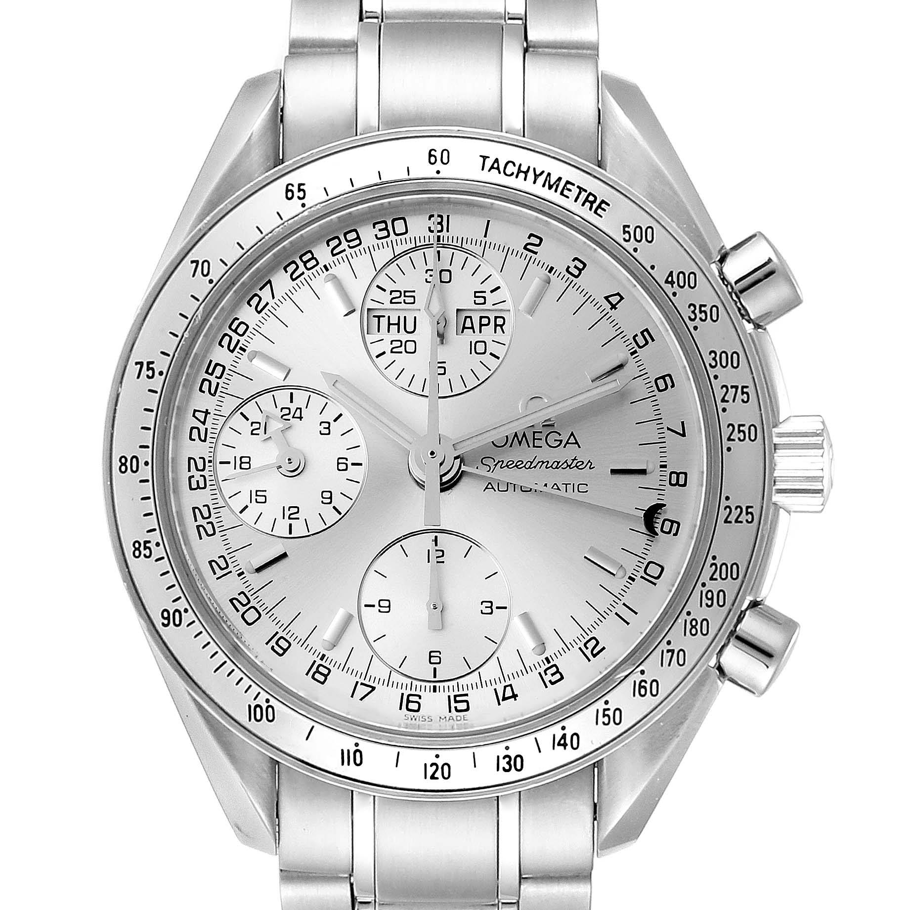 The image shows the face of an Omega Speedmaster 3523.30.00 Men's Stainless Steel Silver Dial 3523.30.00 Men's Stainless Steel Silver Dial watch, displaying subdials, day, and date indicators, with a tachymeter bezel.