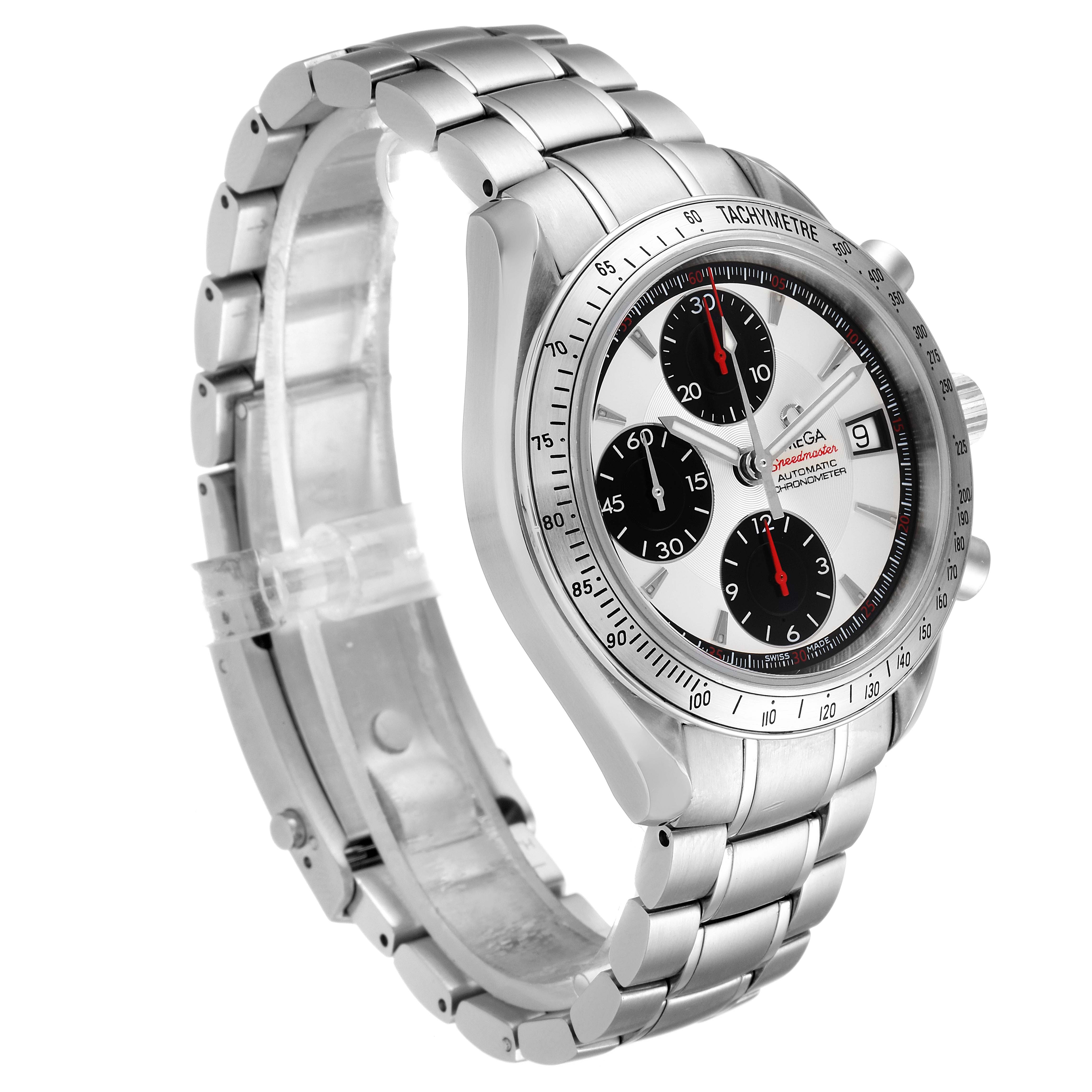 This image shows an Omega Speedmaster 3211.31.00 Men
s Stainless Steel Silver Dial 3211.31.00 Men
s Stainless Steel Silver Dial watch at a three-quarter angle, highlighting its bracelet, tachymeter bezel, and sub-dials.