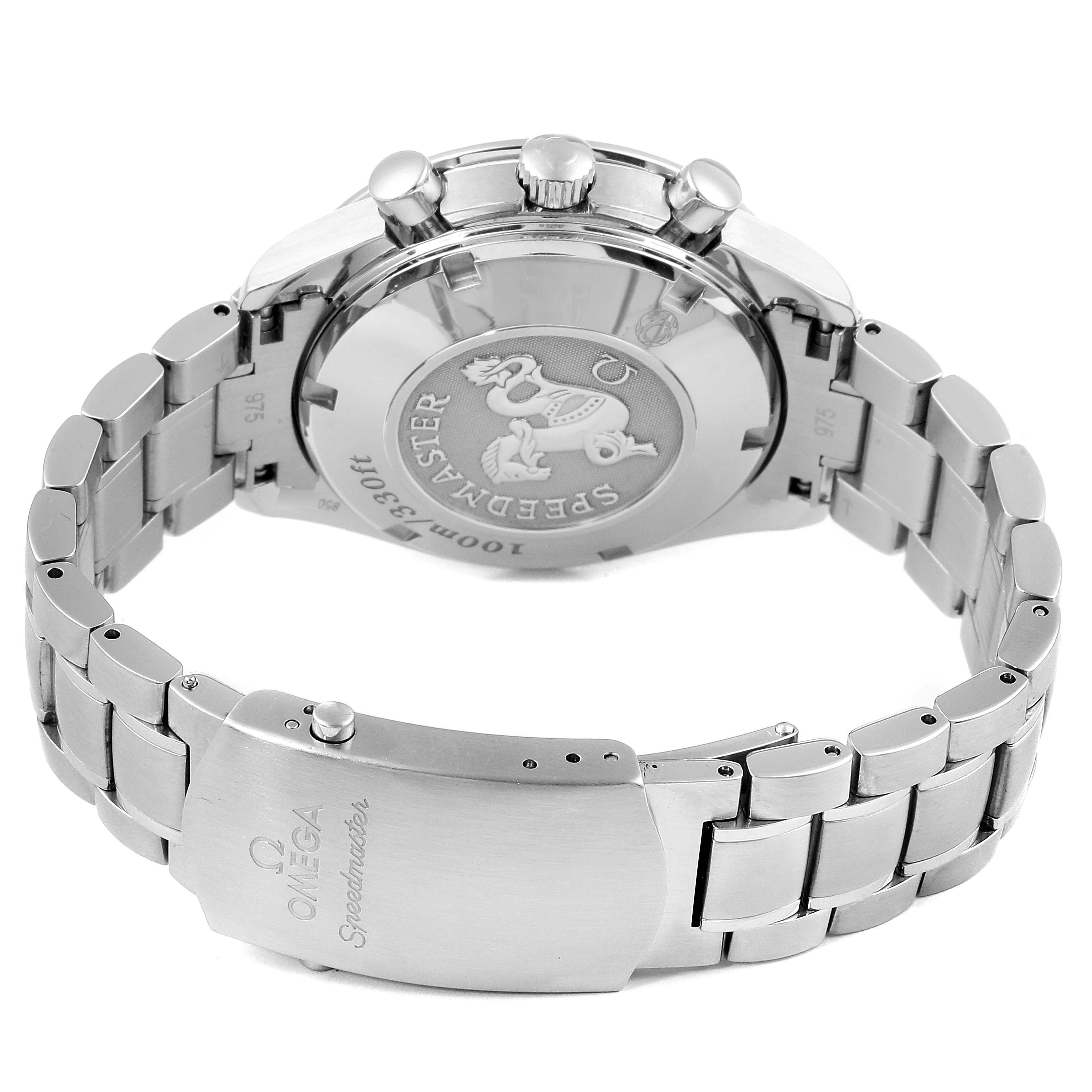 The image shows the back and clasp of an Omega Speedmaster 3211.31.00 Men
s Stainless Steel Silver Dial 3211.31.00 Men
s Stainless Steel Silver Dial watch, highlighting the case back design and metal bracelet.