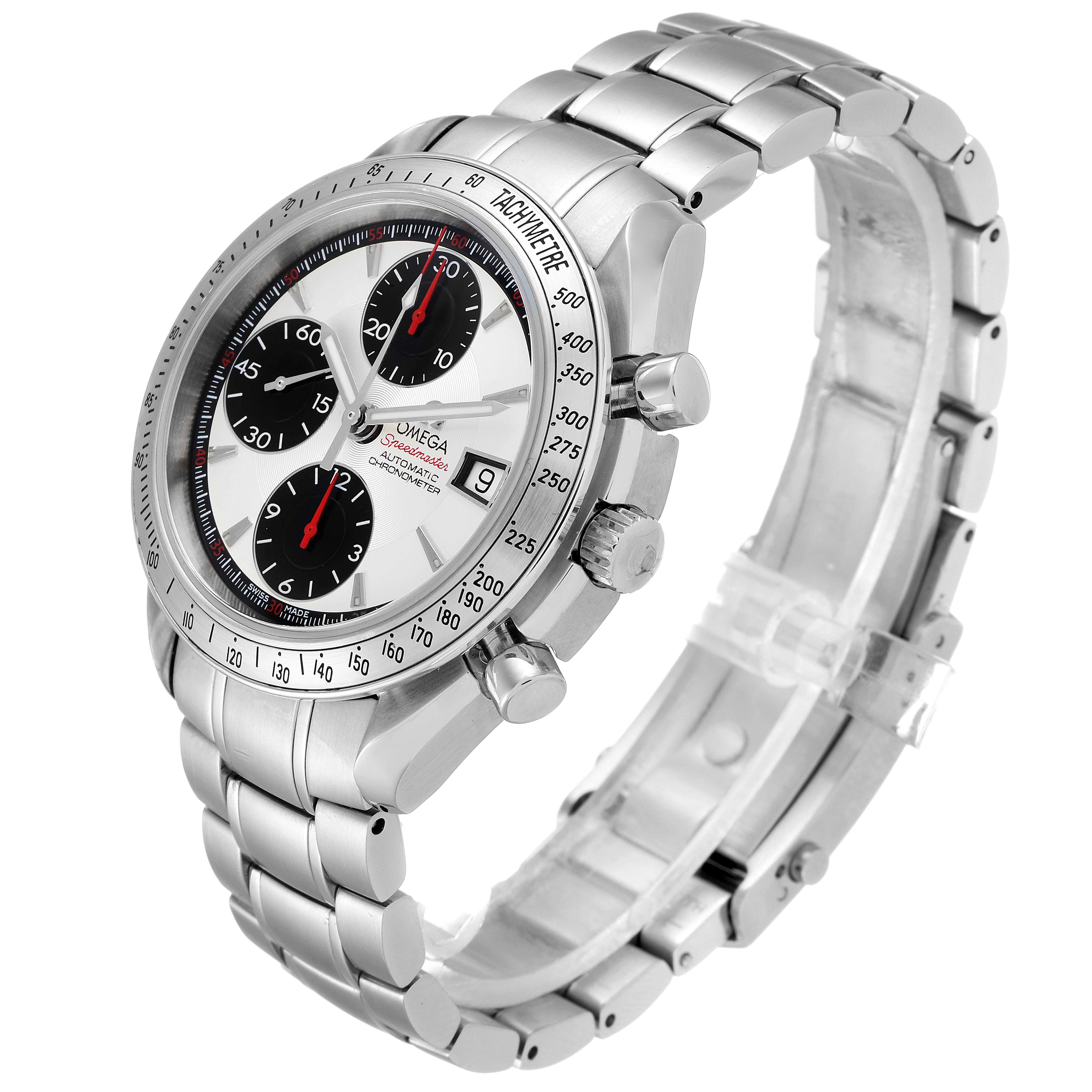 The Omega Speedmaster 3211.31.00 Men
s Stainless Steel Silver Dial 3211.31.00 Men
s Stainless Steel Silver Dial watch is shown at a three-quarter angle, highlighting its dial, crown, pushers, and stainless steel bracelet.