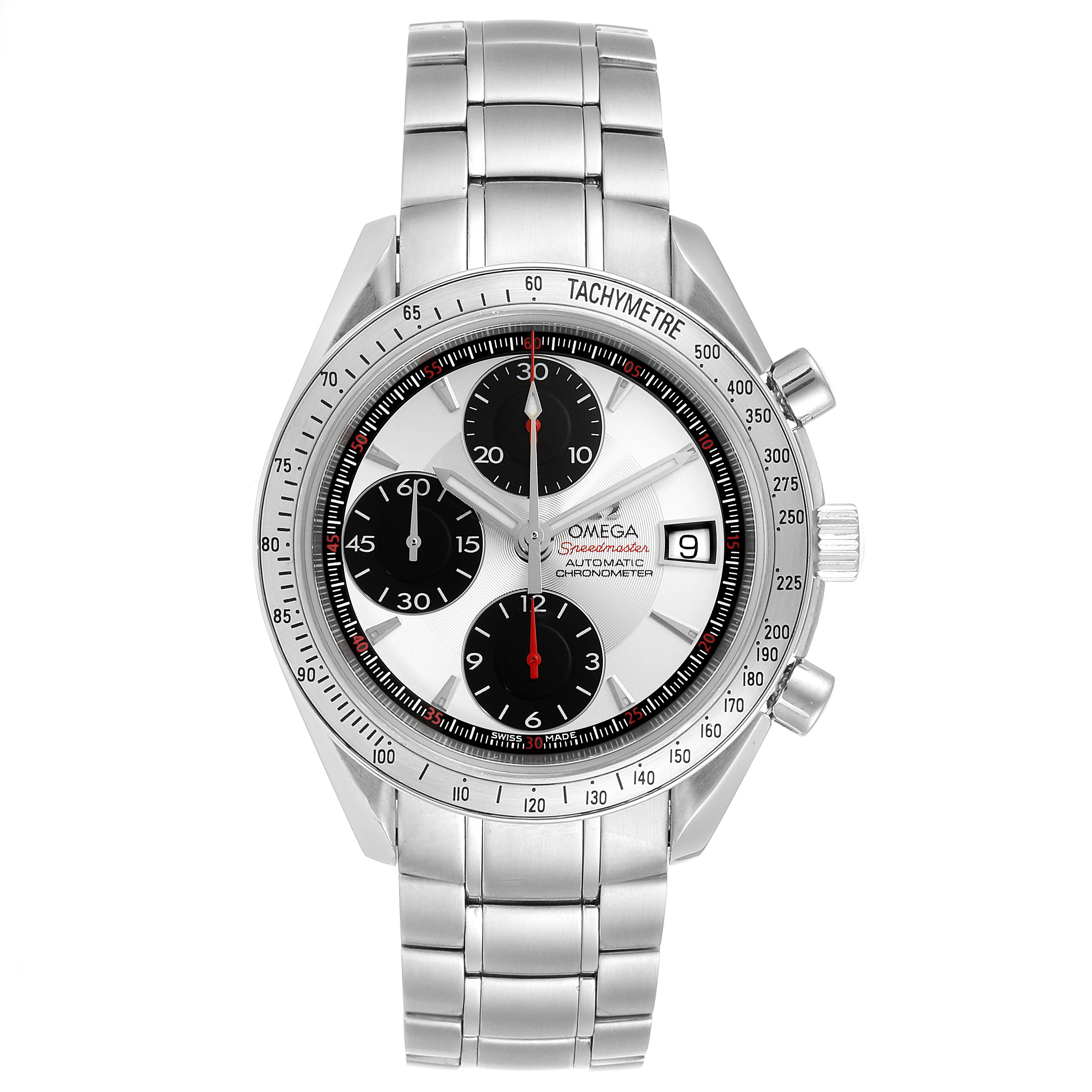 The image shows a front view of an Omega Speedmaster 3211.31.00 Men
s Stainless Steel Silver Dial 3211.31.00 Men
s Stainless Steel Silver Dial watch, displaying the dial, chronograph sub-dials, date window, and metal bracelet.