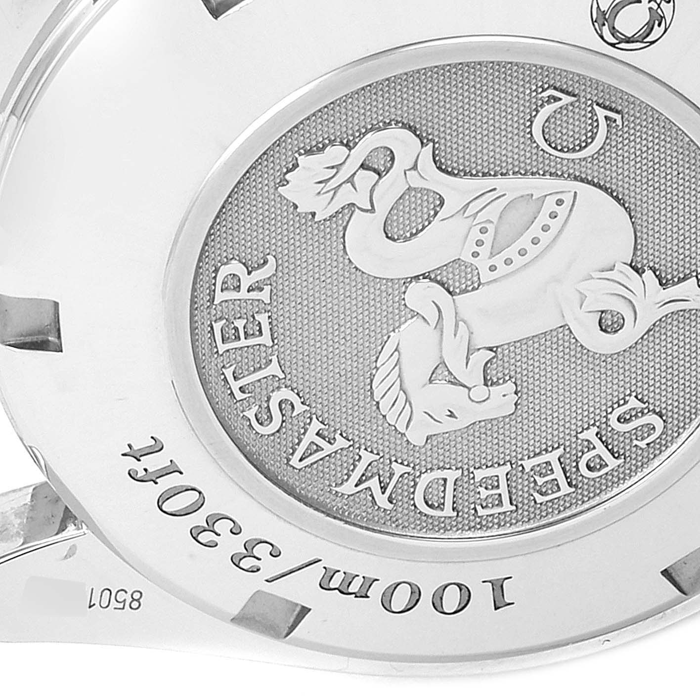 The image shows the case back of the Omega Speedmaster 3211.31.00 Men
s Stainless Steel Silver Dial 3211.31.00 Men
s Stainless Steel Silver Dial watch, highlighting its logo and specifications.