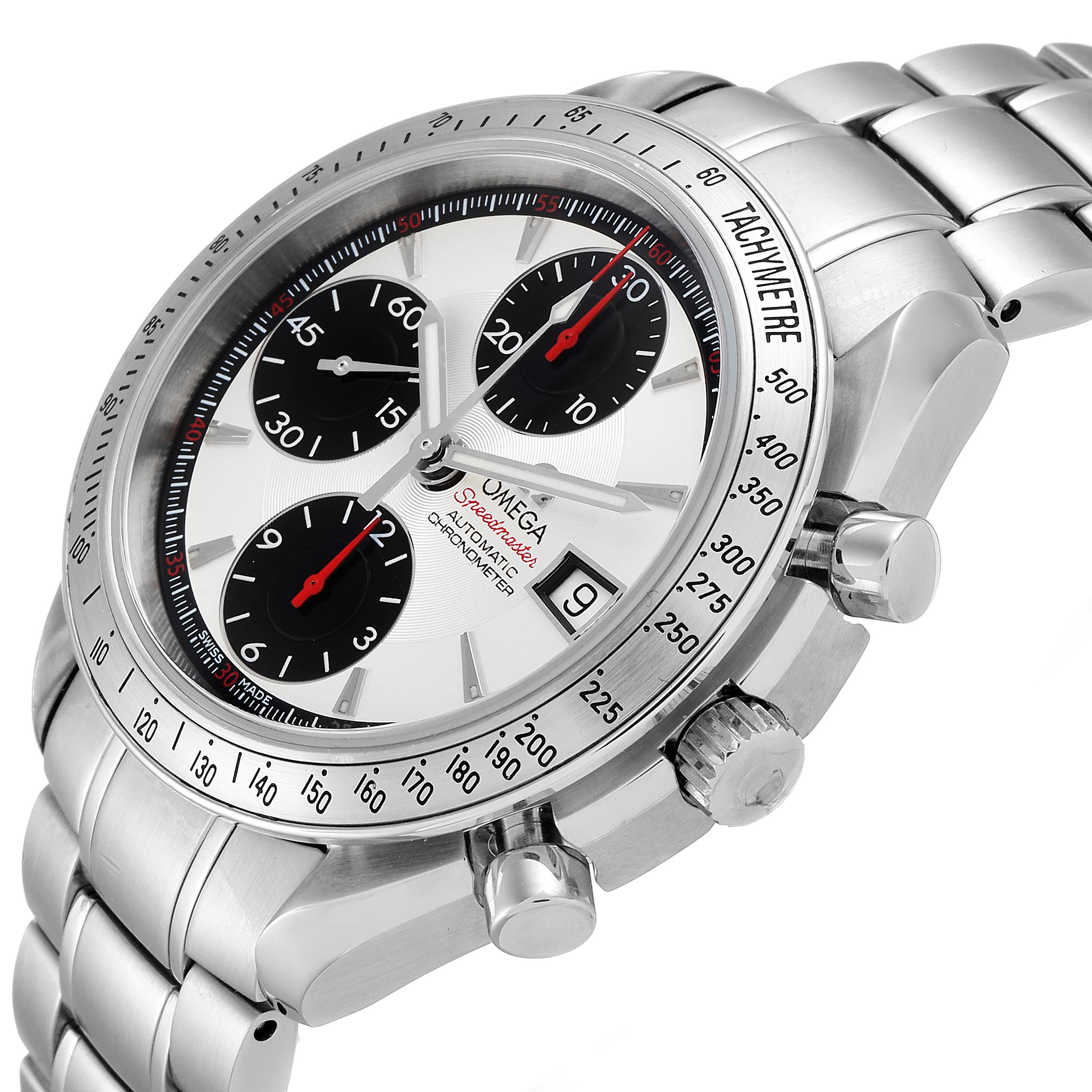 This image shows close-up details of the Omega Speedmaster 3211.31.00 Men
s Stainless Steel Silver Dial 3211.31.00 Men
s Stainless Steel Silver Dial watch, focusing on the dial, subdials, bezel, and chronograph pushers.