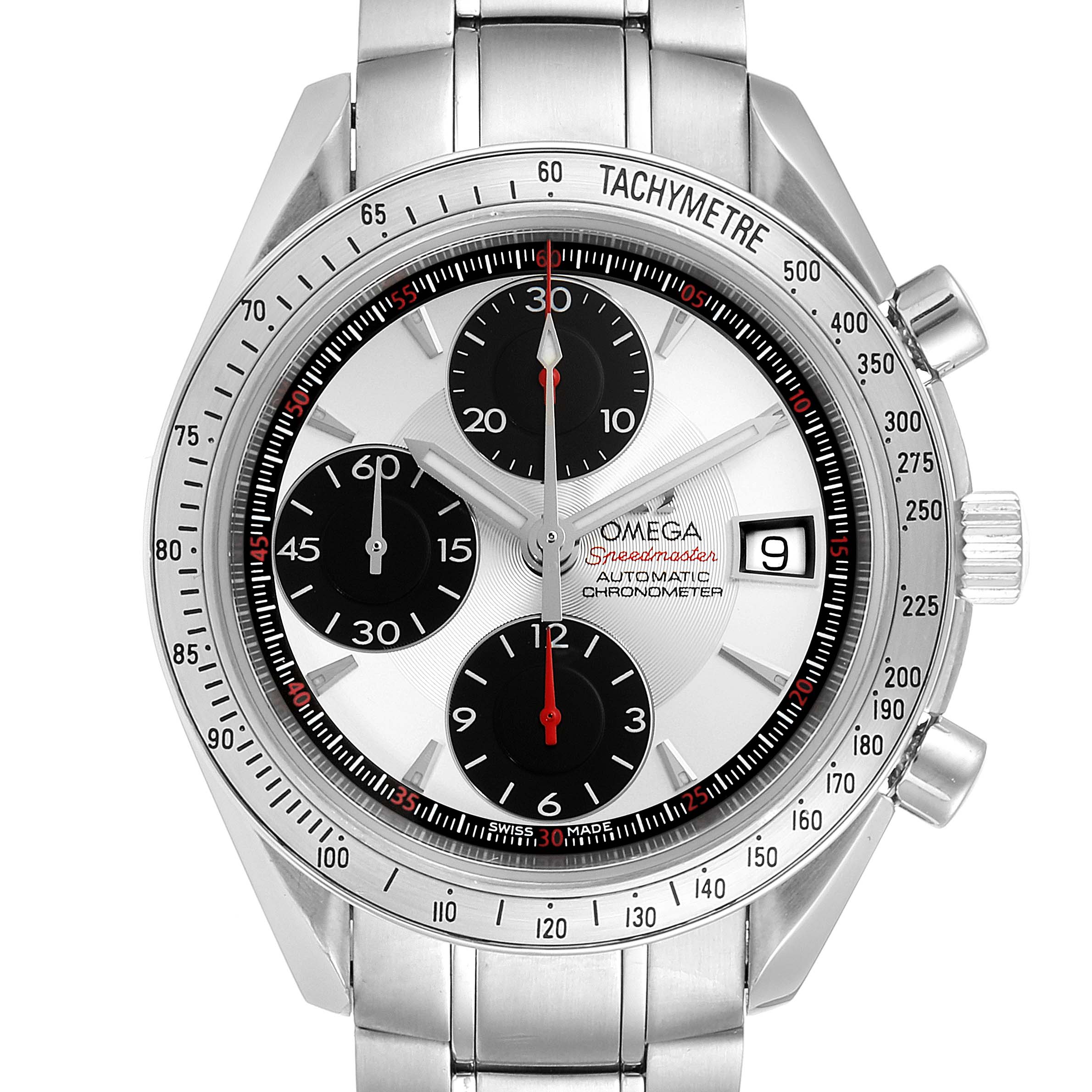 The image shows a front view of the Omega Speedmaster 3211.31.00 Men
s Stainless Steel Silver Dial 3211.31.00 Men
s Stainless Steel Silver Dial watch, highlighting its dial, bezel, subdials, and tachymeter.