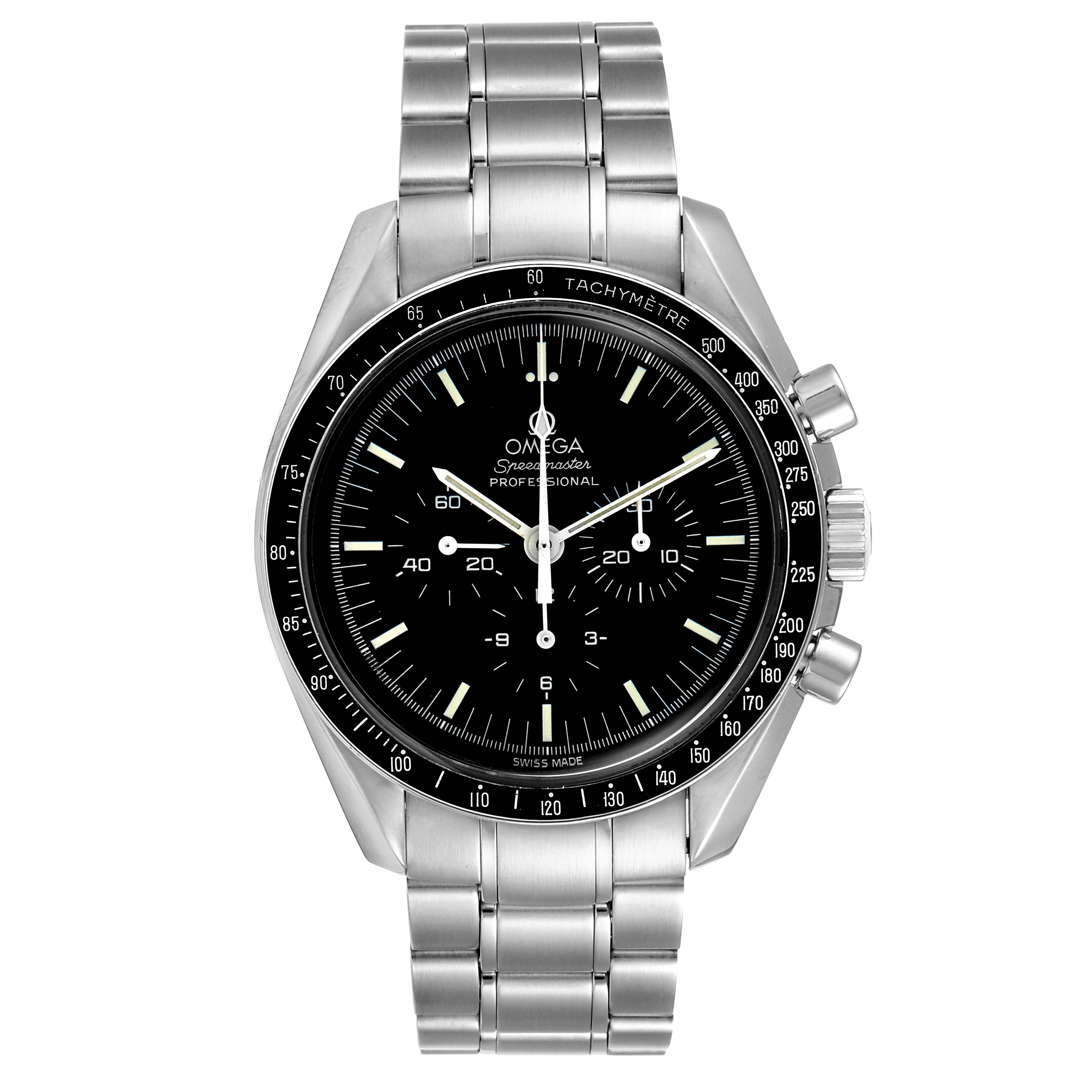 The image shows a front-facing view of an Omega Speedmaster 3572.50.00 Men
s Stainless Steel Black Dial 3572.50.00 Men
s Stainless Steel Black Dial watch, displaying the dial, tachymeter bezel, and stainless steel bracelet.