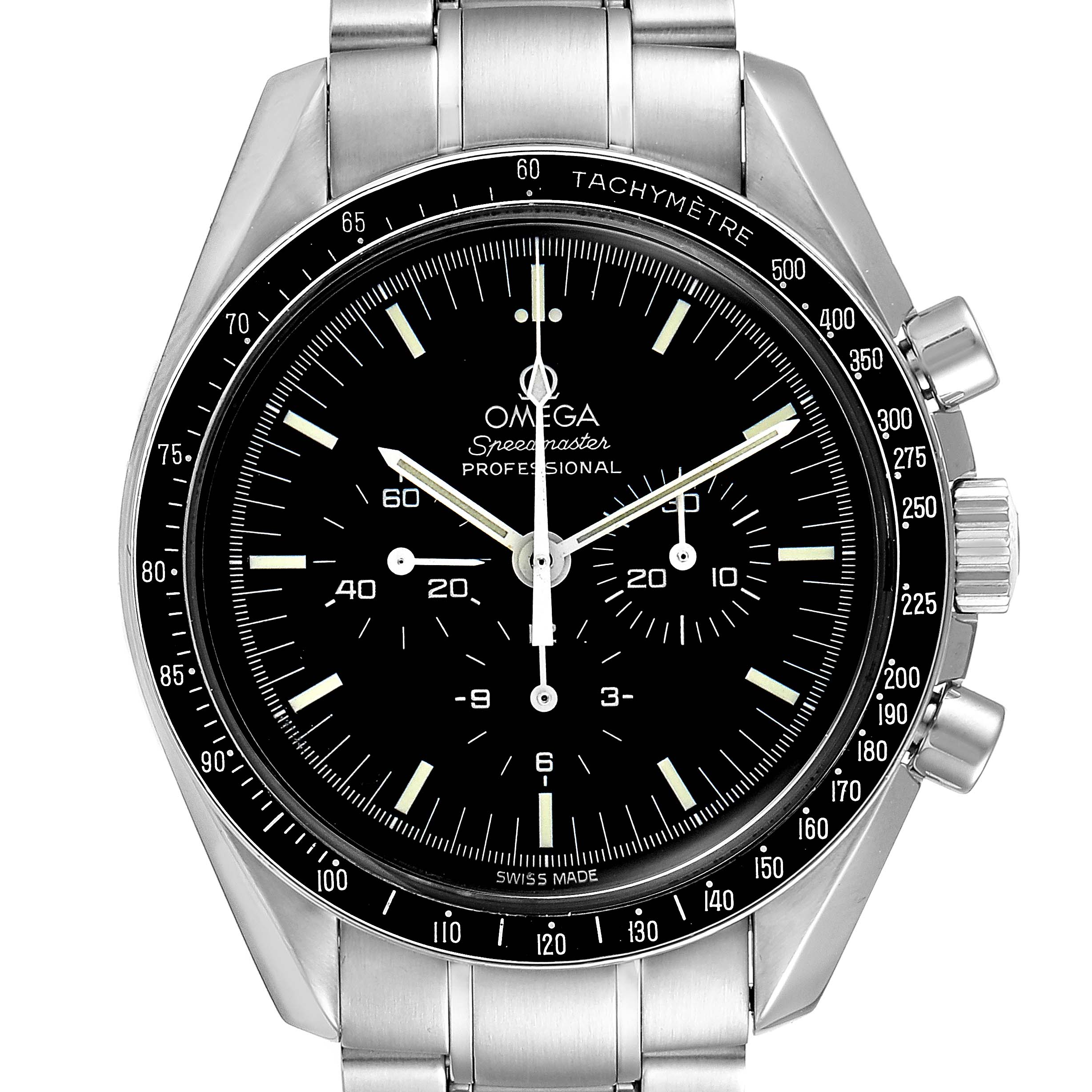 This image shows a front view of the Omega Speedmaster 3572.50.00 Men
s Stainless Steel Black Dial 3572.50.00 Men
s Stainless Steel Black Dial watch, highlighting its face, hands, subdials, and tachymètre bezel.