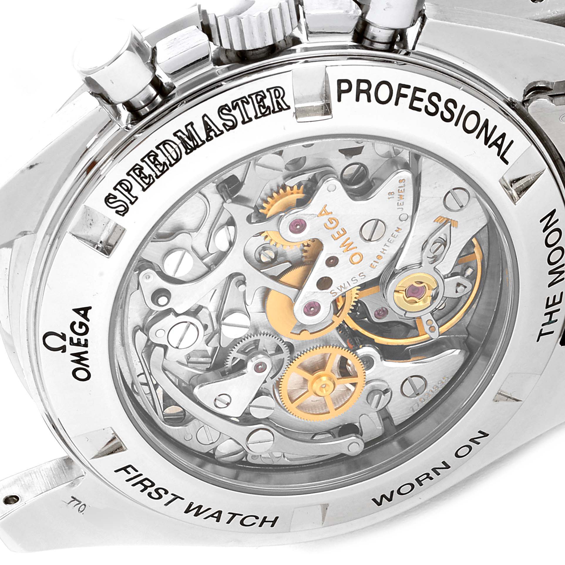 The image shows the back case of an Omega Speedmaster 3572.50.00 Men
s Stainless Steel Black Dial 3572.50.00 Men
s Stainless Steel Black Dial watch, revealing its intricate mechanical movement.