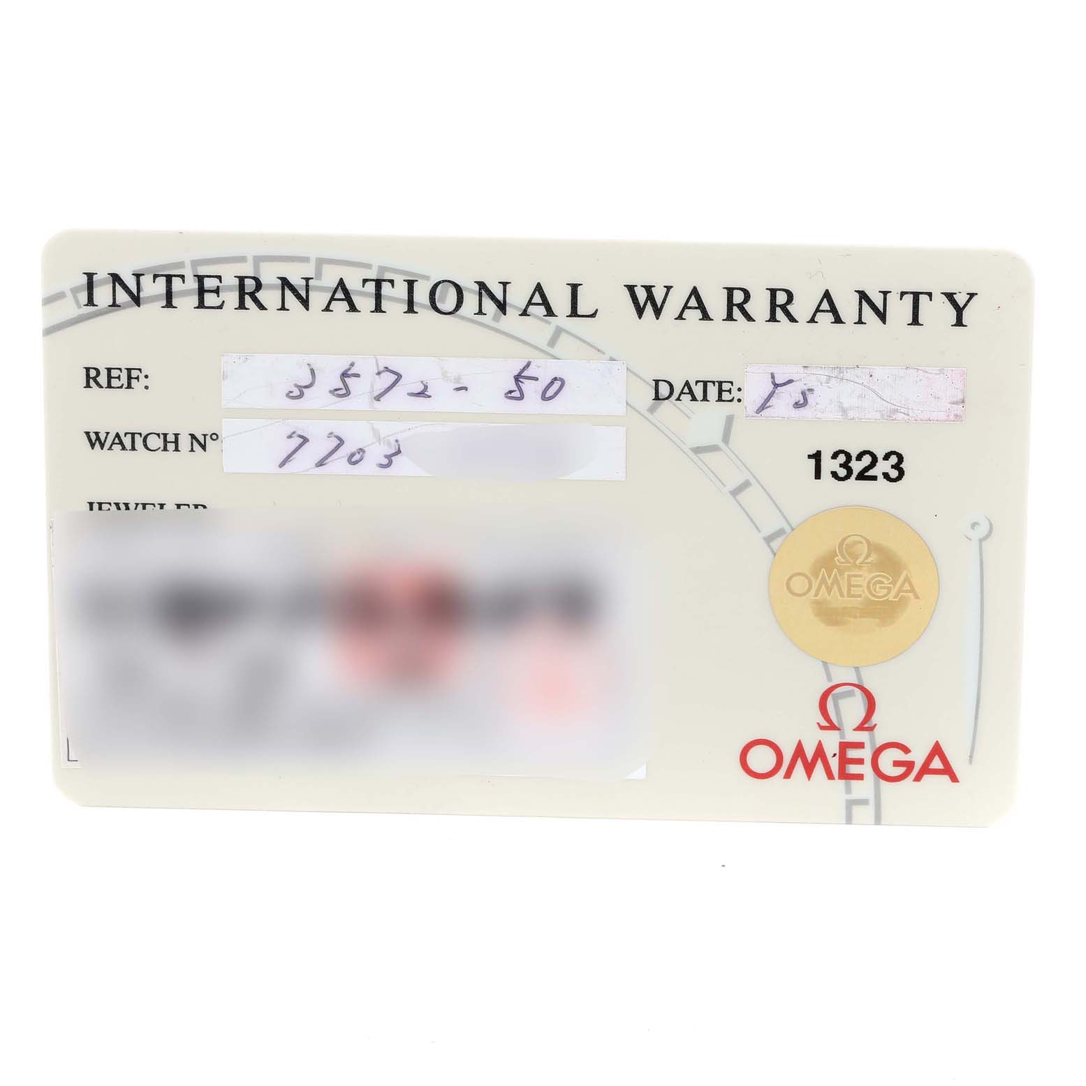 This image shows the Omega Speedmaster 3572.50.00 Men
s Stainless Steel Black Dial 3572.50.00 Men
s Stainless Steel Black Dial
s International Warranty card, with reference and watch numbers visible.