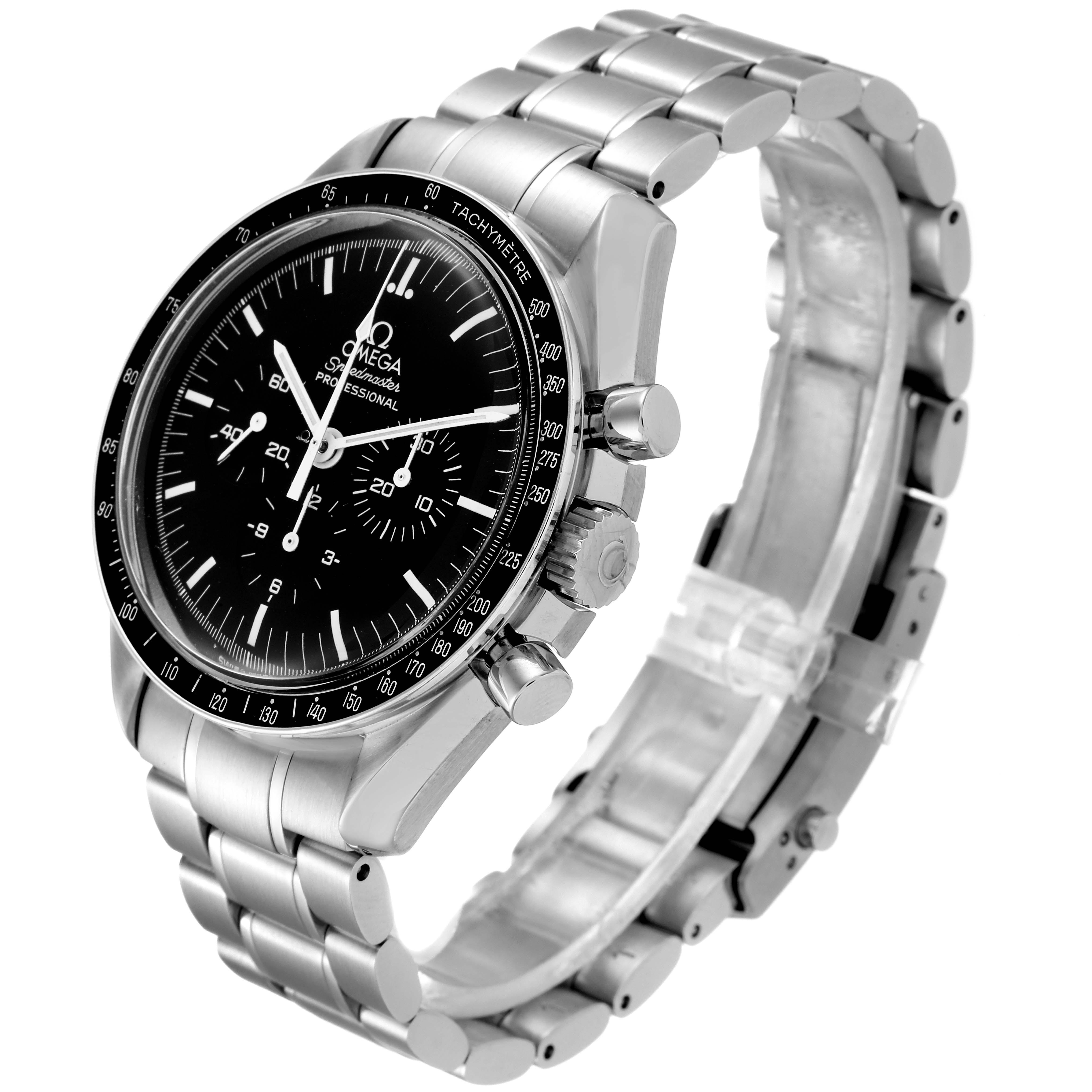The Omega Speedmaster 3572.50.00 Men
s Stainless Steel Black Dial 3572.50.00 Men
s Stainless Steel Black Dial watch is shown at a three-quarter angle, displaying its face, bezel, chronograph buttons, and metal bracelet.