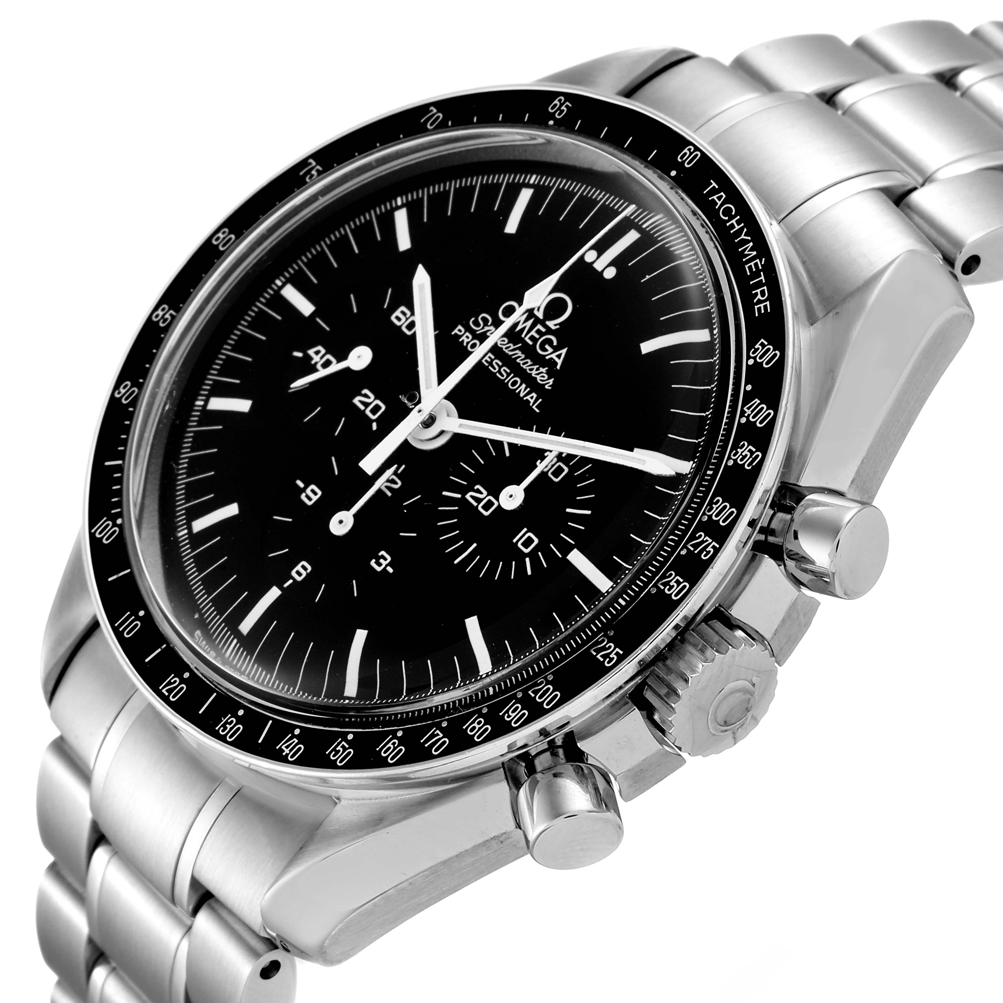 The image shows the Omega Speedmaster 3572.50.00 Men
s Stainless Steel Black Dial 3572.50.00 Men
s Stainless Steel Black Dial watch at an angle, highlighting the strap, dial, crown, and pushers.