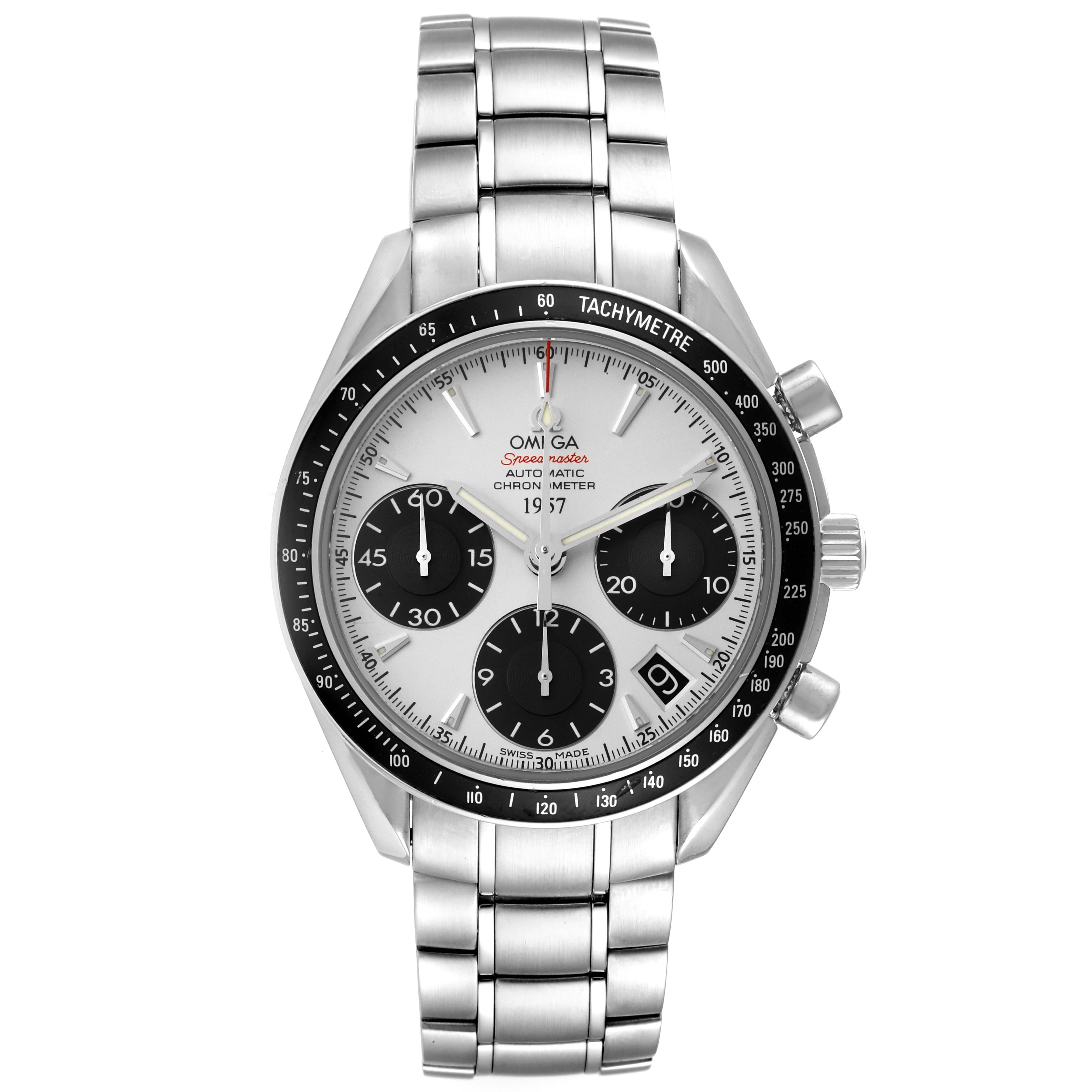 The image shows a front view of the Omega Speedmaster 323.30.40.40.02.001 Men
s Stainless Steel White Dial 323.30.40.40.02.001 Men
s Stainless Steel White Dial watch, displaying its dial, bezel, three sub-dials, and metal bracelet.