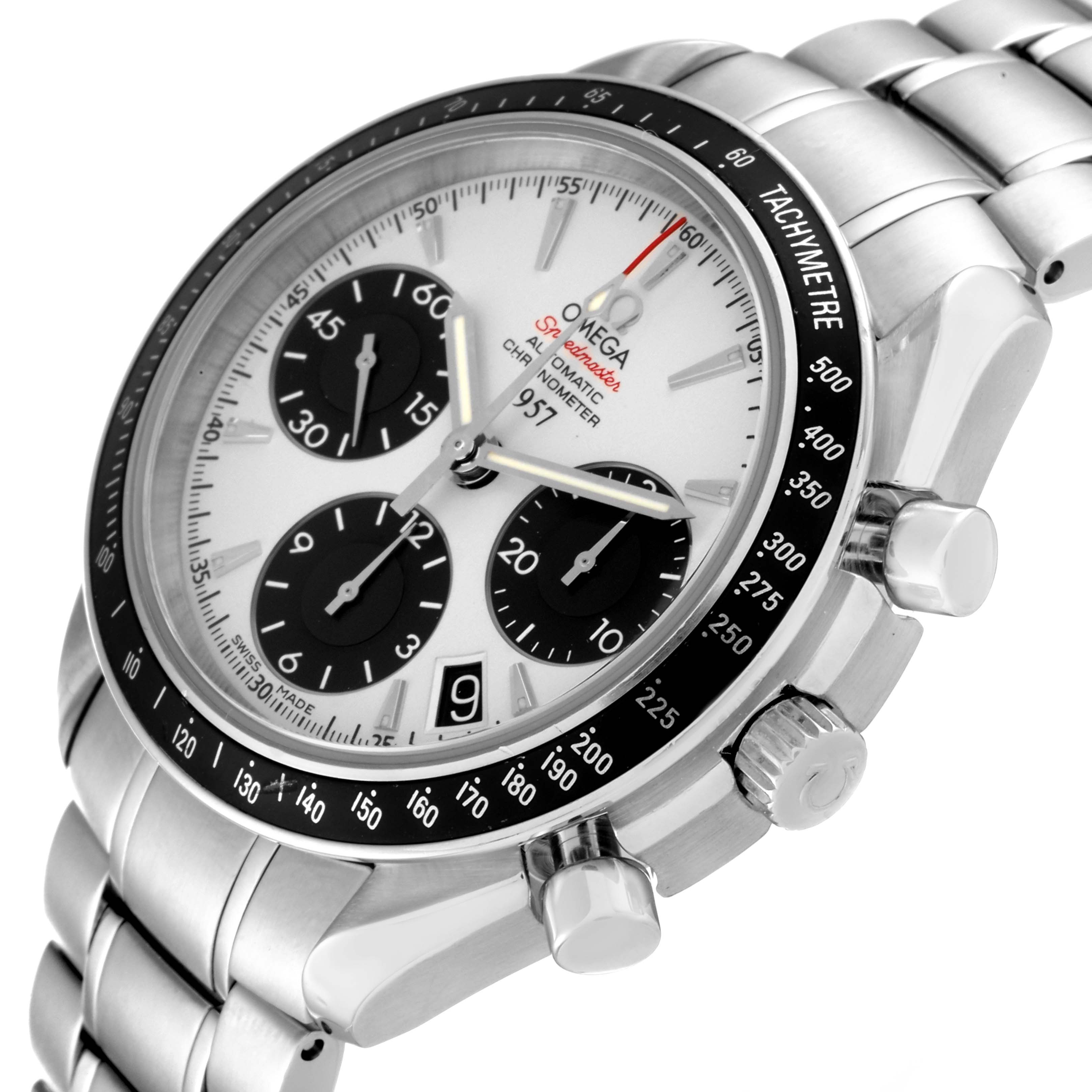 The image shows the Omega Speedmaster 323.30.40.40.02.001 Men
s Stainless Steel White Dial 323.30.40.40.02.001 Men
s Stainless Steel White Dial watch at a slight angle, highlighting its face, bezel, chronograph subdials, and stainless steel bracelet.