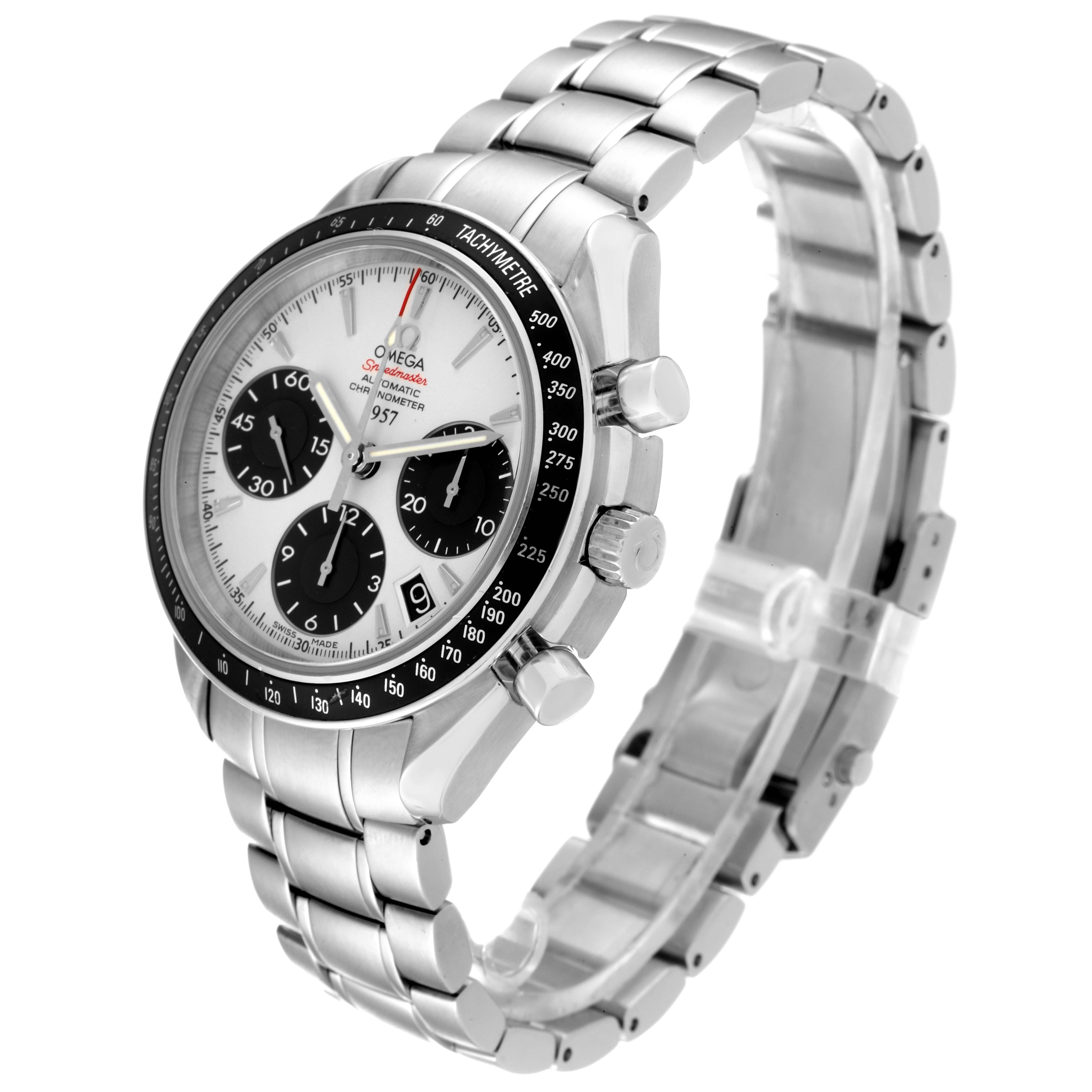 The image shows an Omega Speedmaster 323.30.40.40.02.001 Men
s Stainless Steel White Dial 323.30.40.40.02.001 Men
s Stainless Steel White Dial watch at a three-quarter angle, featuring the face, bezel, crown, and stainless steel bracelet.