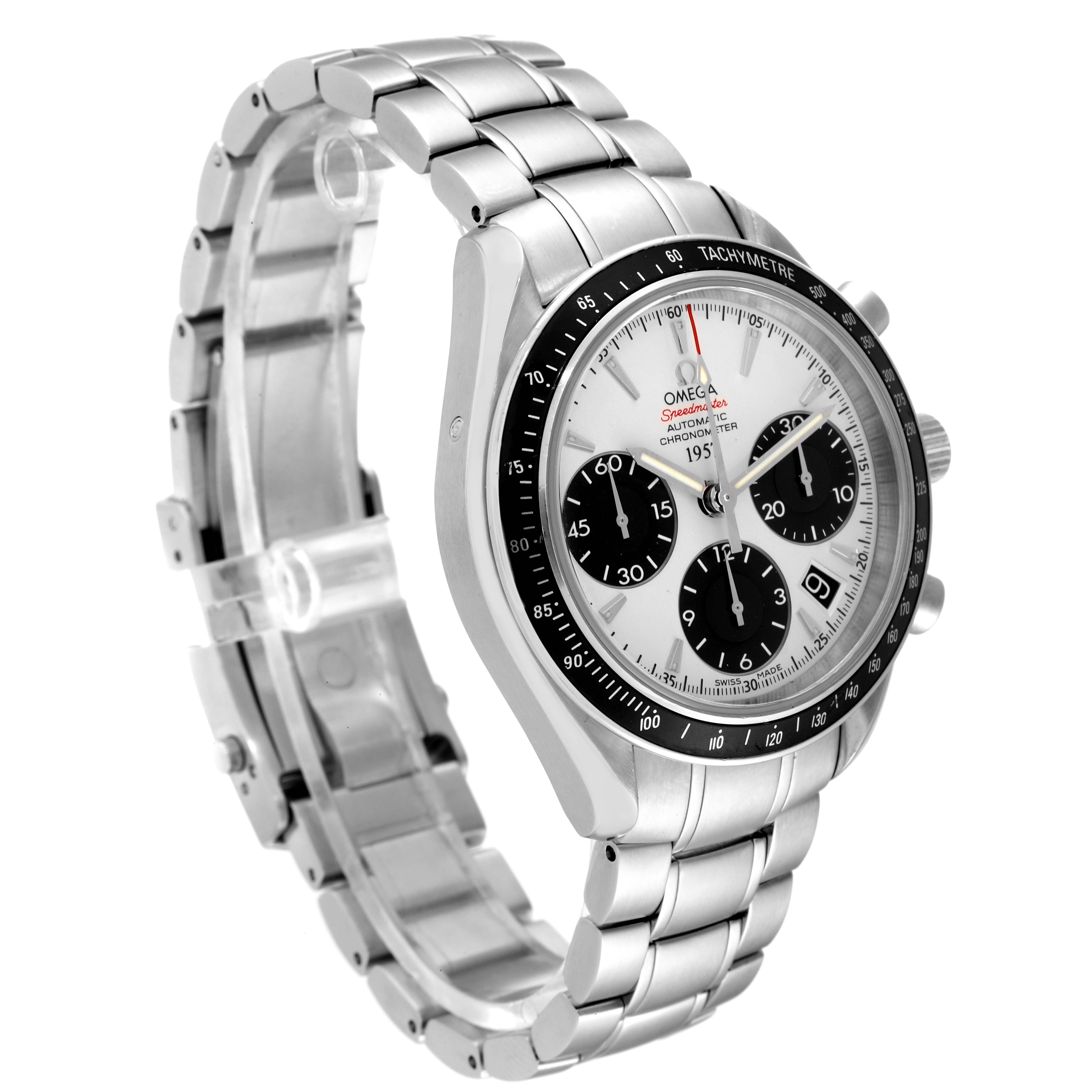 The image shows an angled view of an Omega Speedmaster 323.30.40.40.02.001 Men
s Stainless Steel White Dial 323.30.40.40.02.001 Men
s Stainless Steel White Dial watch, highlighting its face, bezel, and metal bracelet.