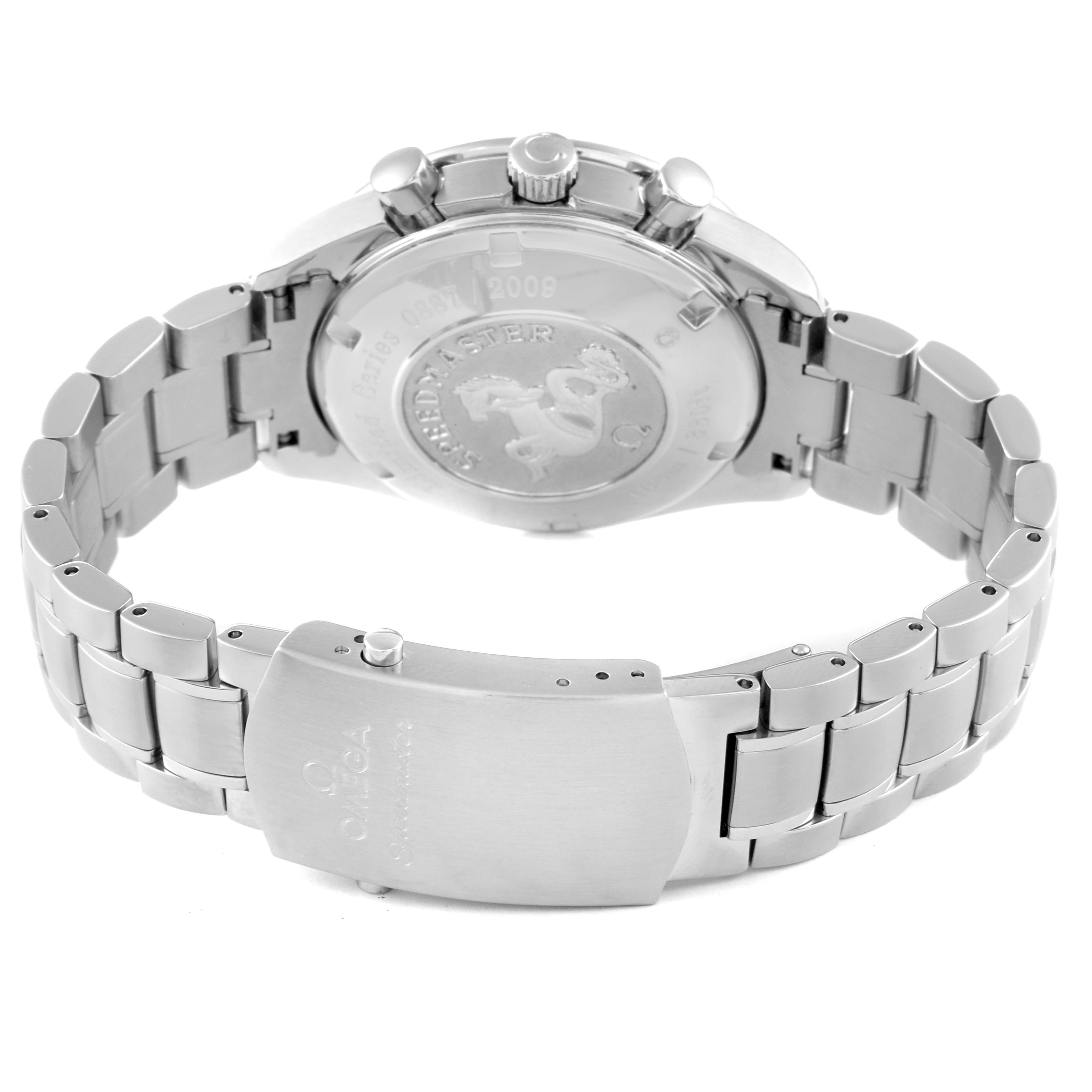 This image shows the back angle of an Omega Speedmaster 323.30.40.40.02.001 Men
s Stainless Steel White Dial 323.30.40.40.02.001 Men
s Stainless Steel White Dial watch, highlighting the clasp, case back, and bracelet.
