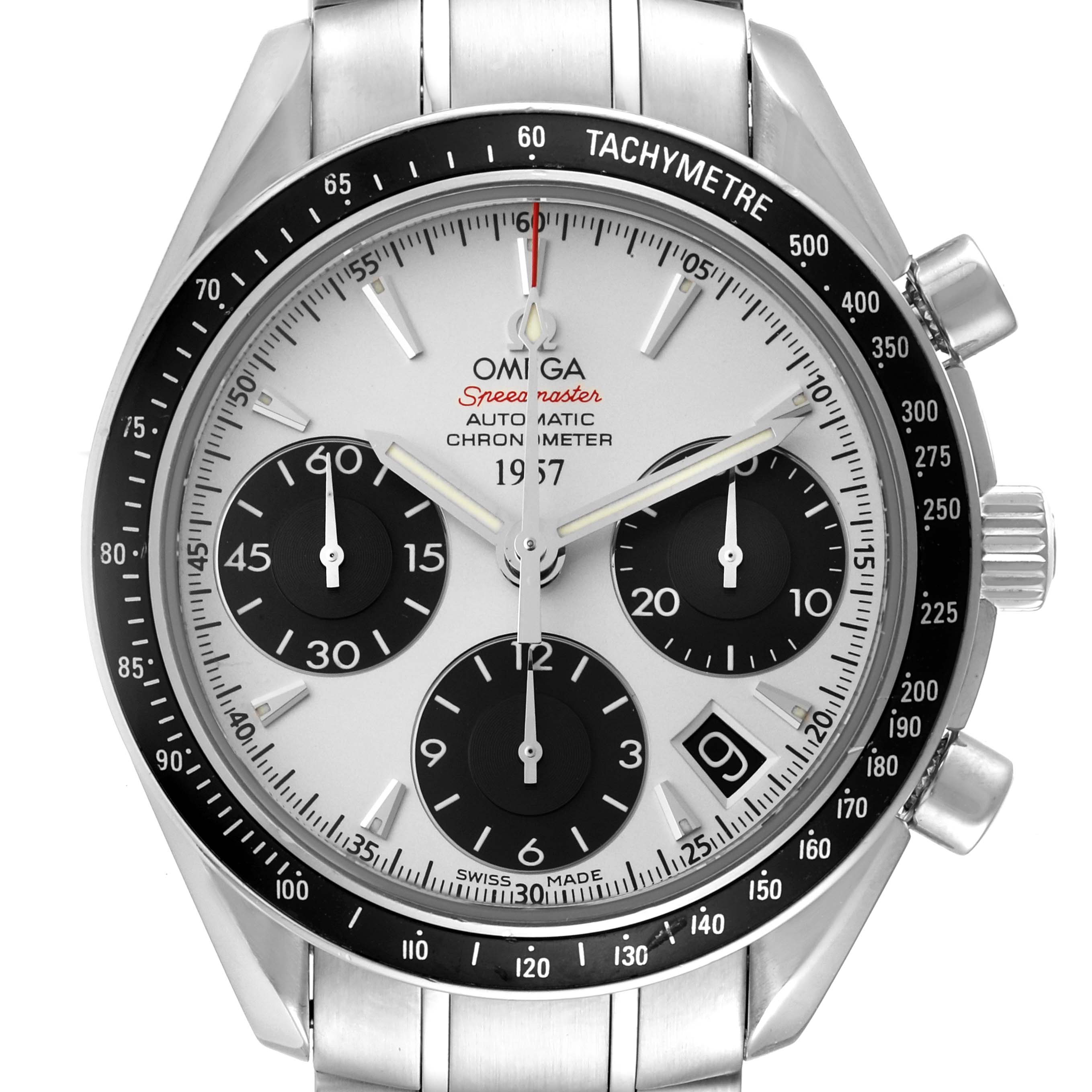 This image shows a front view of the Omega Speedmaster 323.30.40.40.02.001 Men
s Stainless Steel White Dial 323.30.40.40.02.001 Men
s Stainless Steel White Dial watch, highlighting its chronograph subdials, tachymeter bezel, and date window.