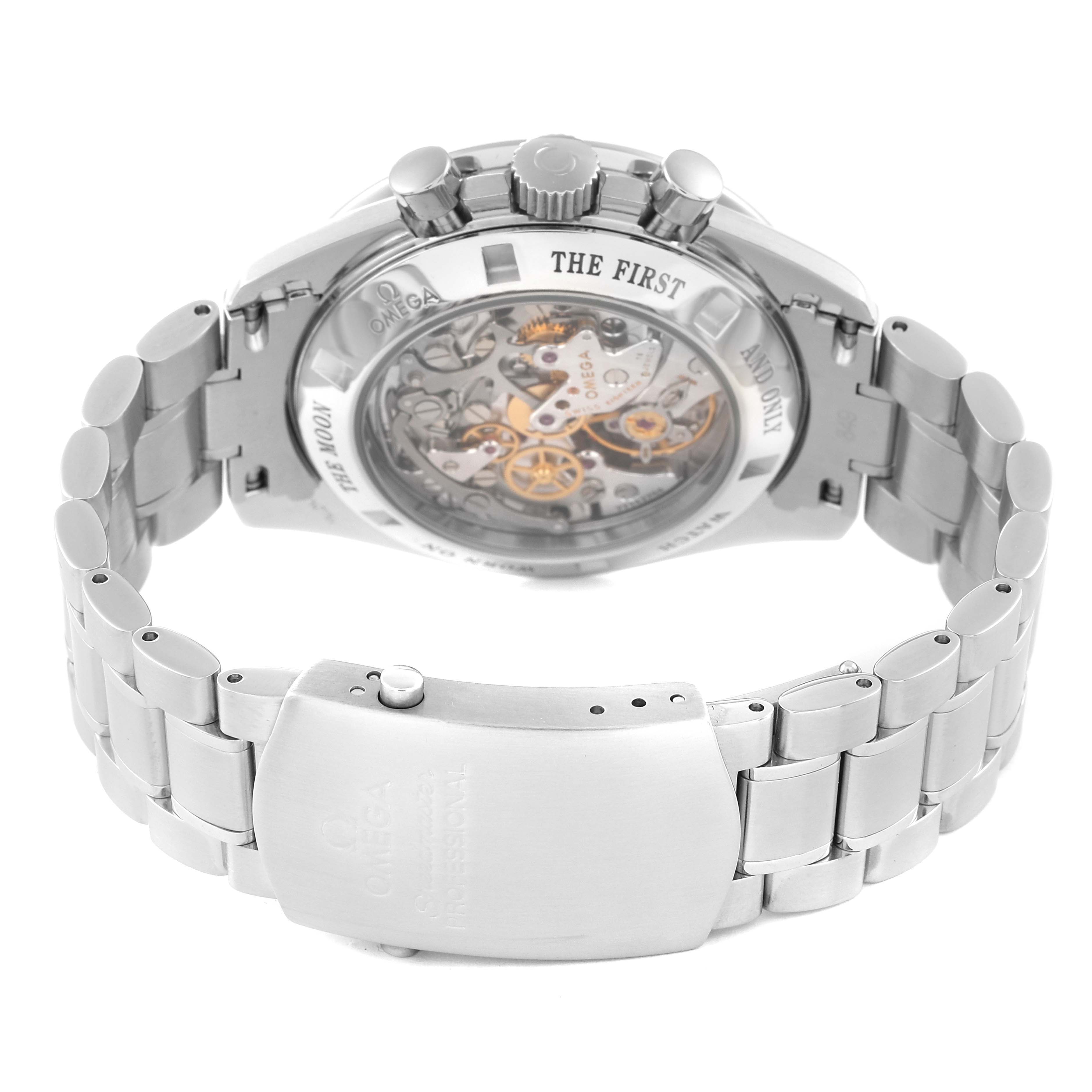 This Omega Speedmaster 3576.50.00 Men's Stainless Steel Black Dial 3576.50.00 Men's Stainless Steel Black Dial watch is shown from the back, displaying its transparent case back and stainless steel bracelet.