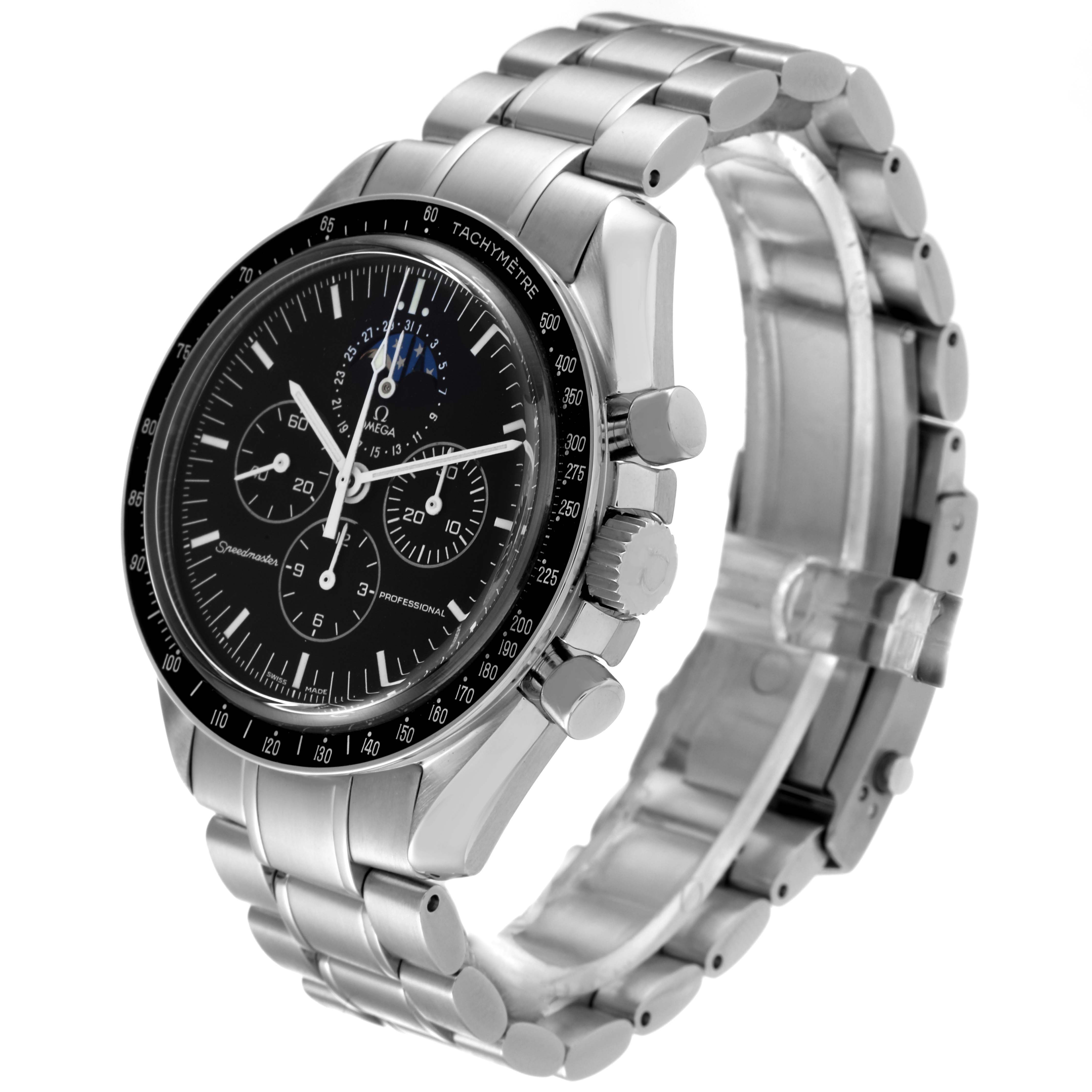 The Omega Speedmaster 3576.50.00 Men's Stainless Steel Black Dial 3576.50.00 Men's Stainless Steel Black Dial watch is shown at an angled side view, highlighting the face, bezel, and metal bracelet.