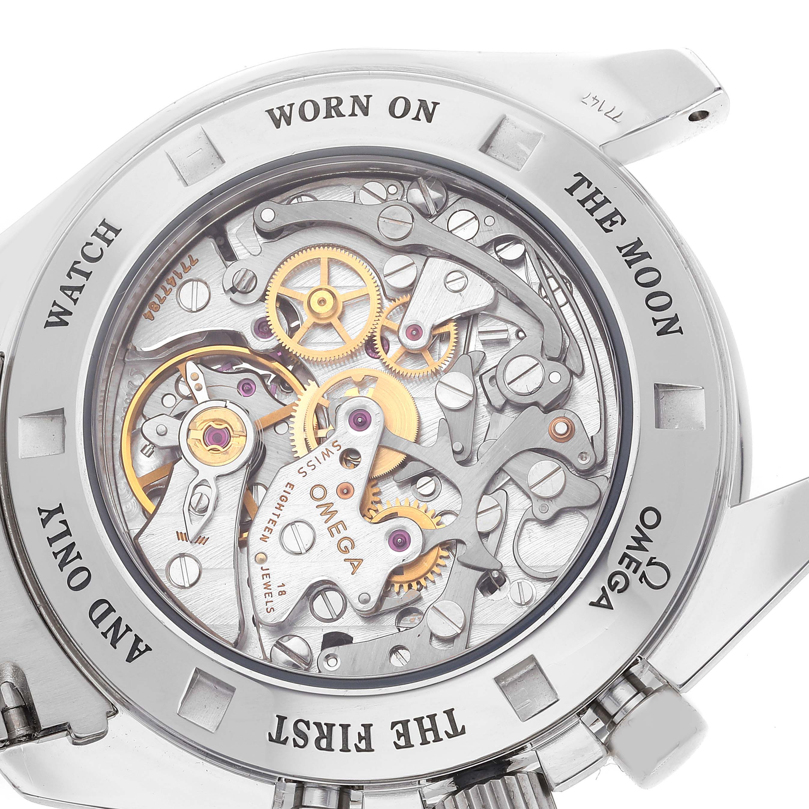 The image shows the back view of the Omega Speedmaster 3576.50.00 Men's Stainless Steel Black Dial 3576.50.00 Men's Stainless Steel Black Dial watch, revealing its intricate mechanical movement.