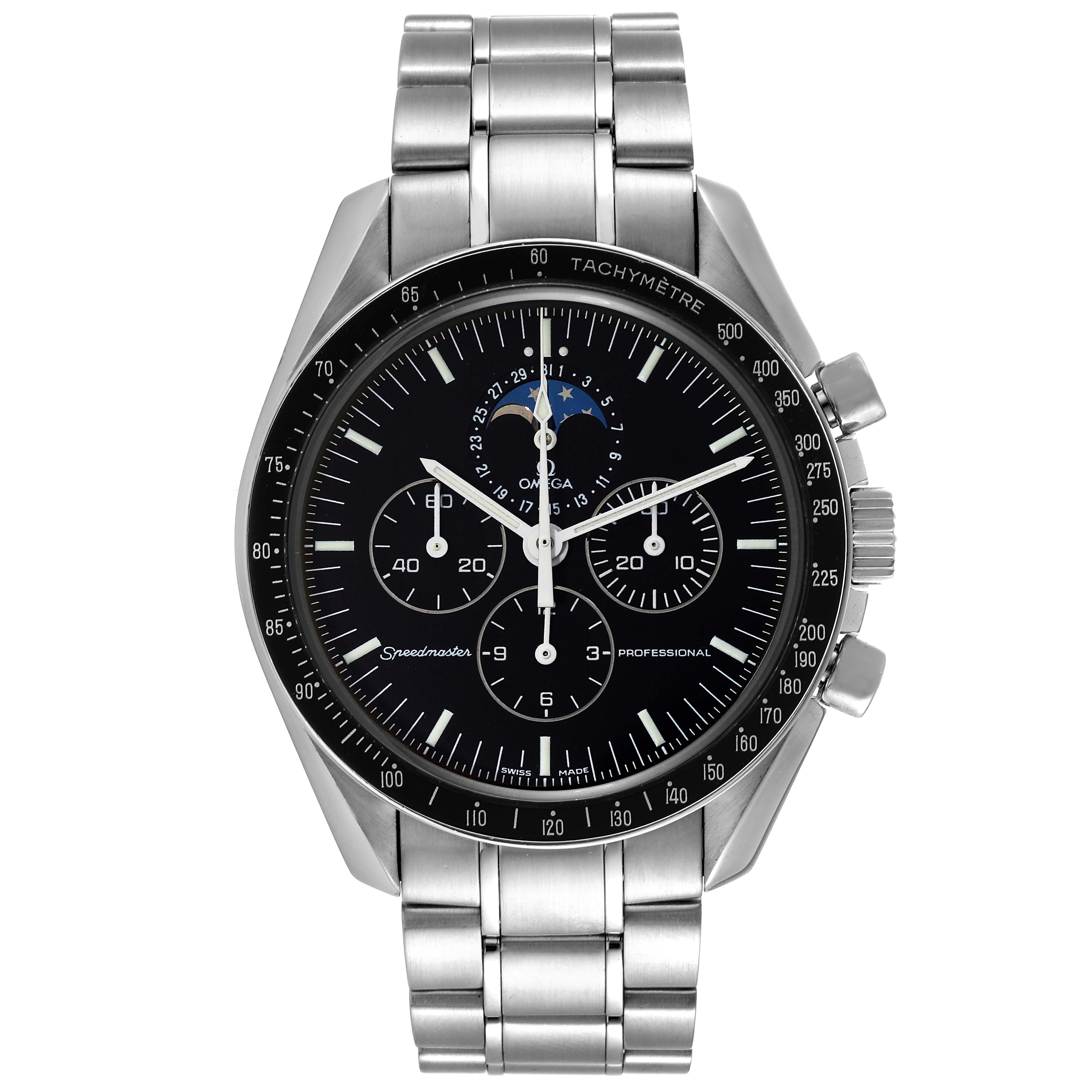 The image shows a frontal view of the Omega Speedmaster 3576.50.00 Men's Stainless Steel Black Dial 3576.50.00 Men's Stainless Steel Black Dial watch, featuring its face, dials, and stainless steel bracelet.