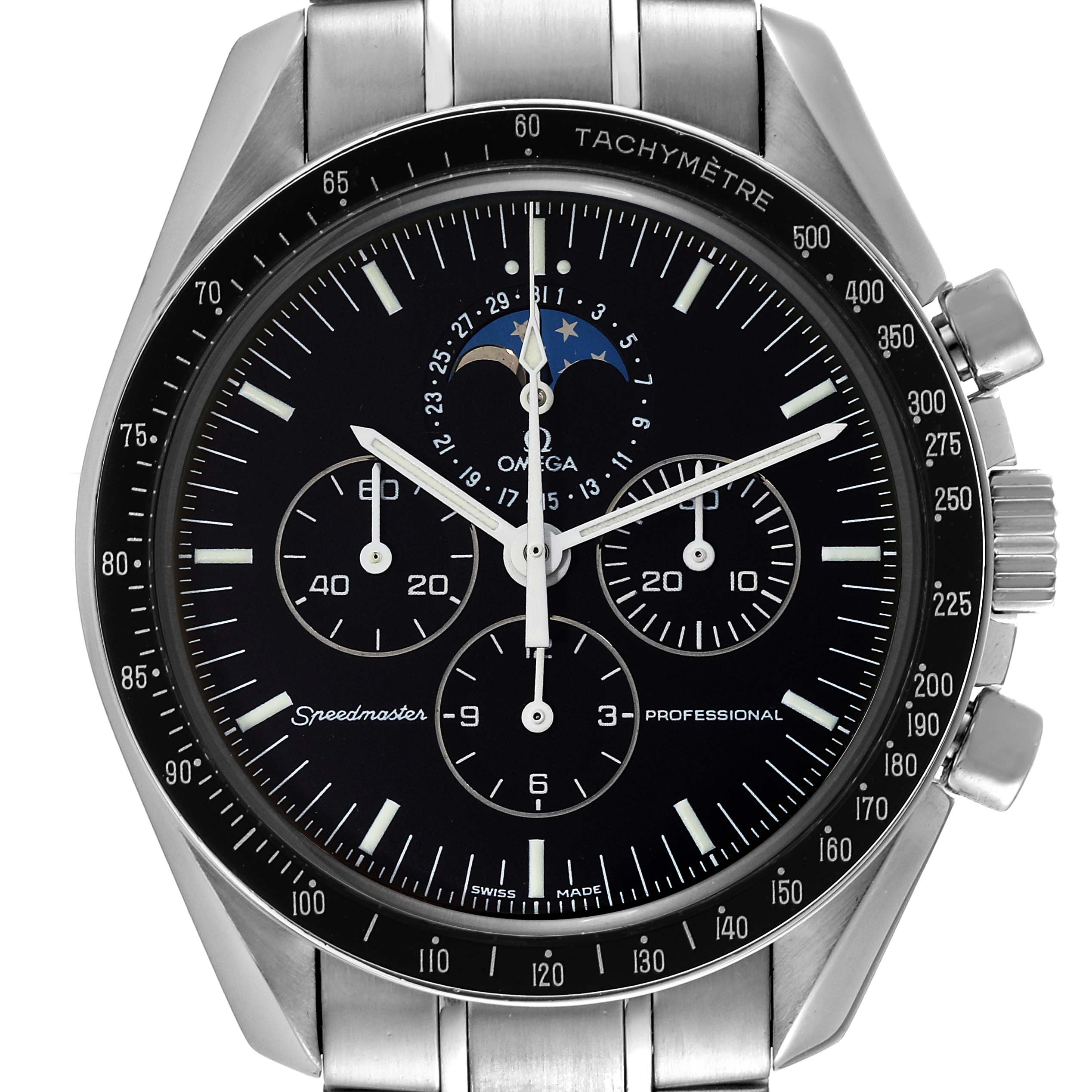 The Omega Speedmaster 3576.50.00 Men's Stainless Steel Black Dial 3576.50.00 Men's Stainless Steel Black Dial watch is shown from a front angle, highlighting its dial, tachymeter bezel, and chronograph sub-dials.