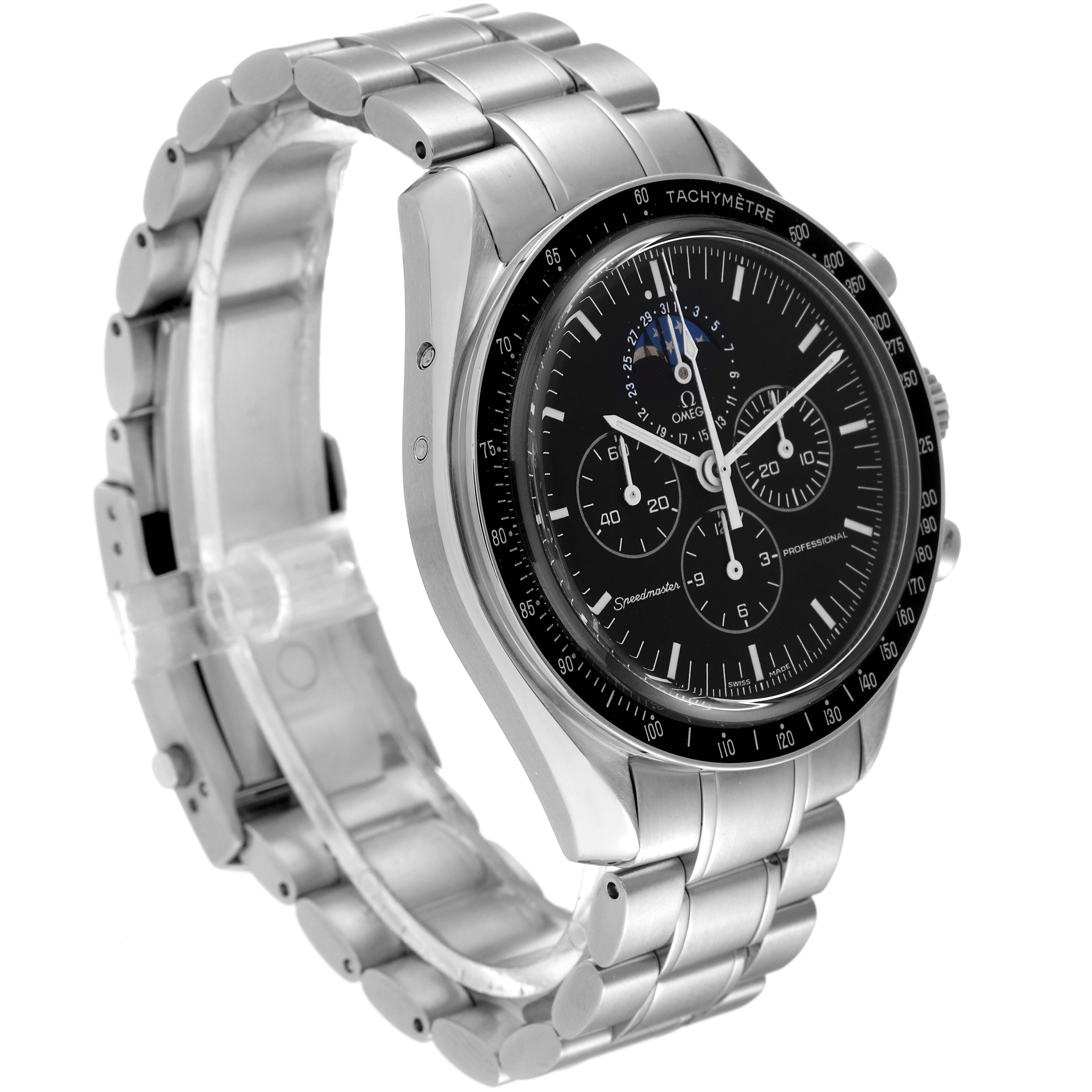 The Omega Speedmaster 3576.50.00 Men's Stainless Steel Black Dial 3576.50.00 Men's Stainless Steel Black Dial watch is shown at a three-quarter angle highlighting the face, bezel, crown, and stainless steel bracelet.