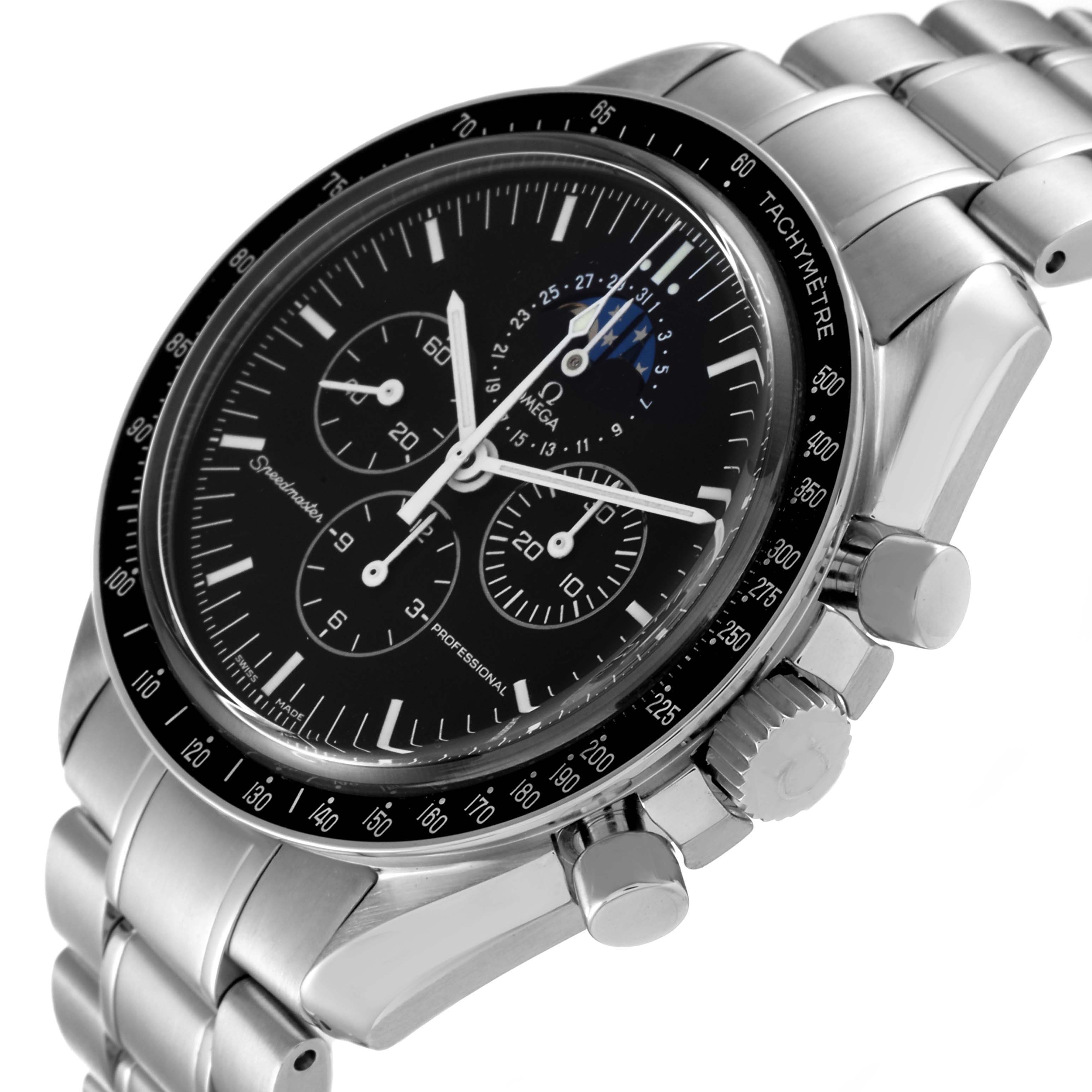 The Omega Speedmaster 3576.50.00 Men's Stainless Steel Black Dial 3576.50.00 Men's Stainless Steel Black Dial watch is shown from an angled side view, displaying the face, dial, tachymeter bezel, bracelet, and pushers.