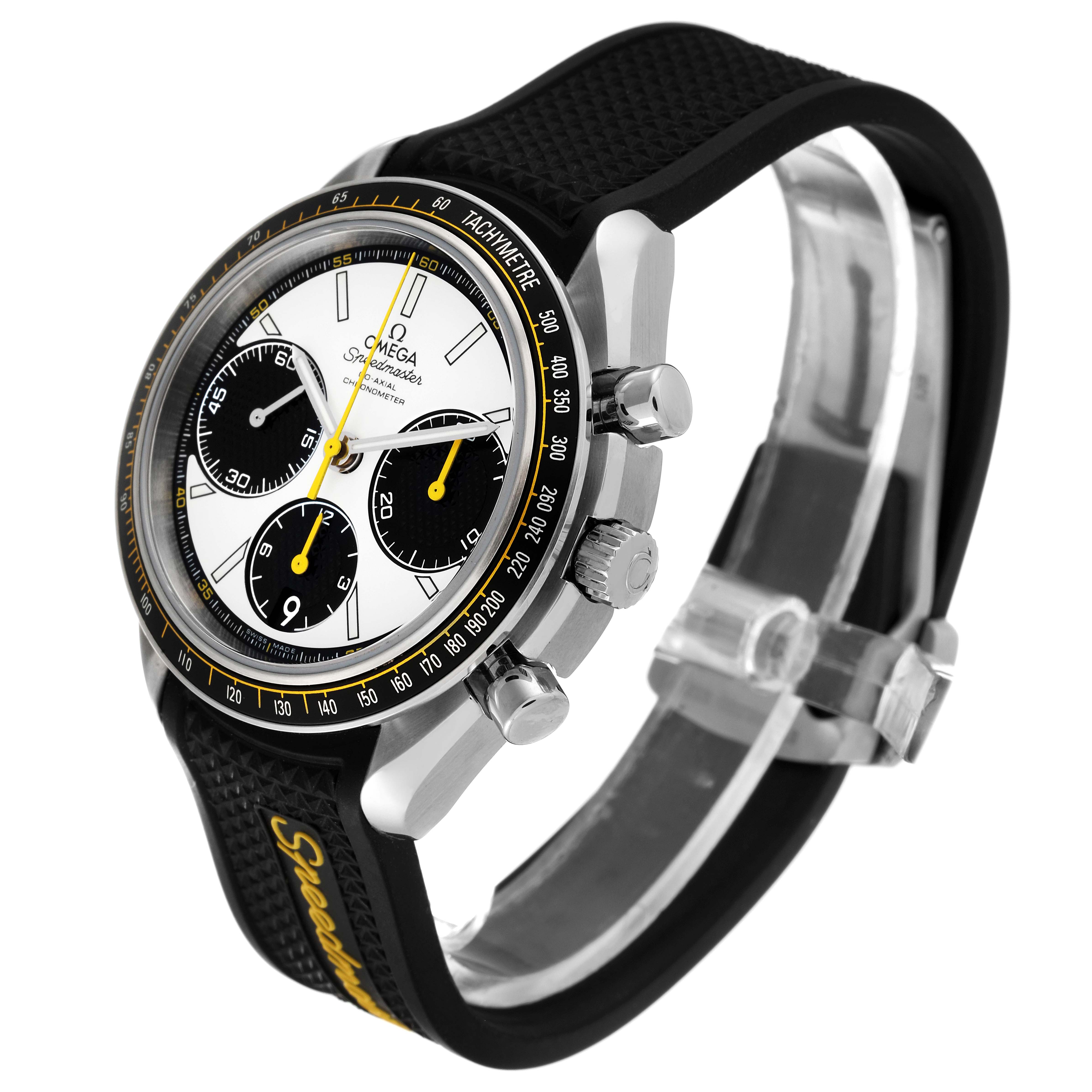 The Omega Speedmaster 326.32.40.50.04.001 Men's Stainless Steel White Dial 326.32.40.50.04.001 Men's Stainless Steel White Dial watch is shown at a slight side angle, displaying its dial, crown, pushers, and textured black strap.