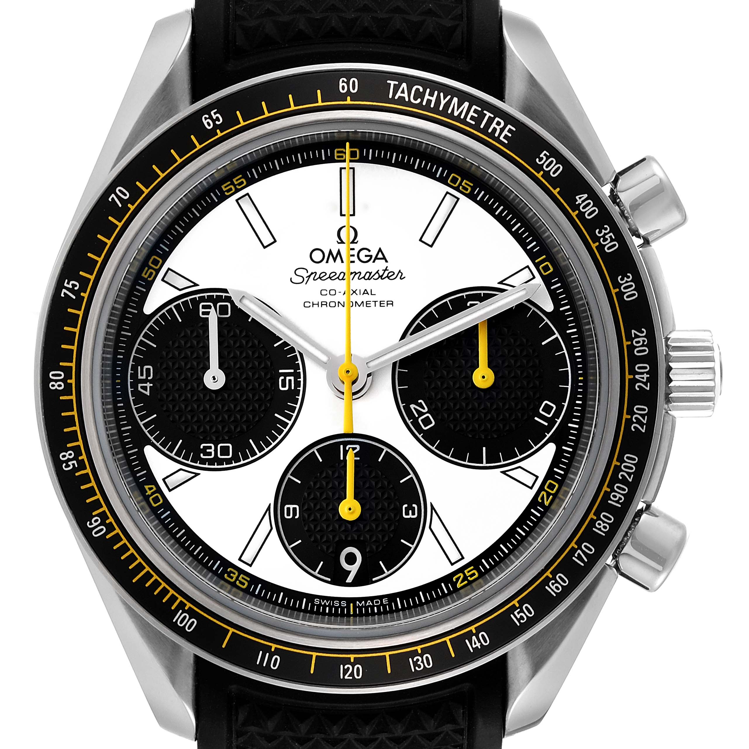 The image shows a front view of an Omega Speedmaster 326.32.40.50.04.001 Men's Stainless Steel White Dial 326.32.40.50.04.001 Men's Stainless Steel White Dial watch displaying its dial, subdials, hands, and tachymeter bezel.