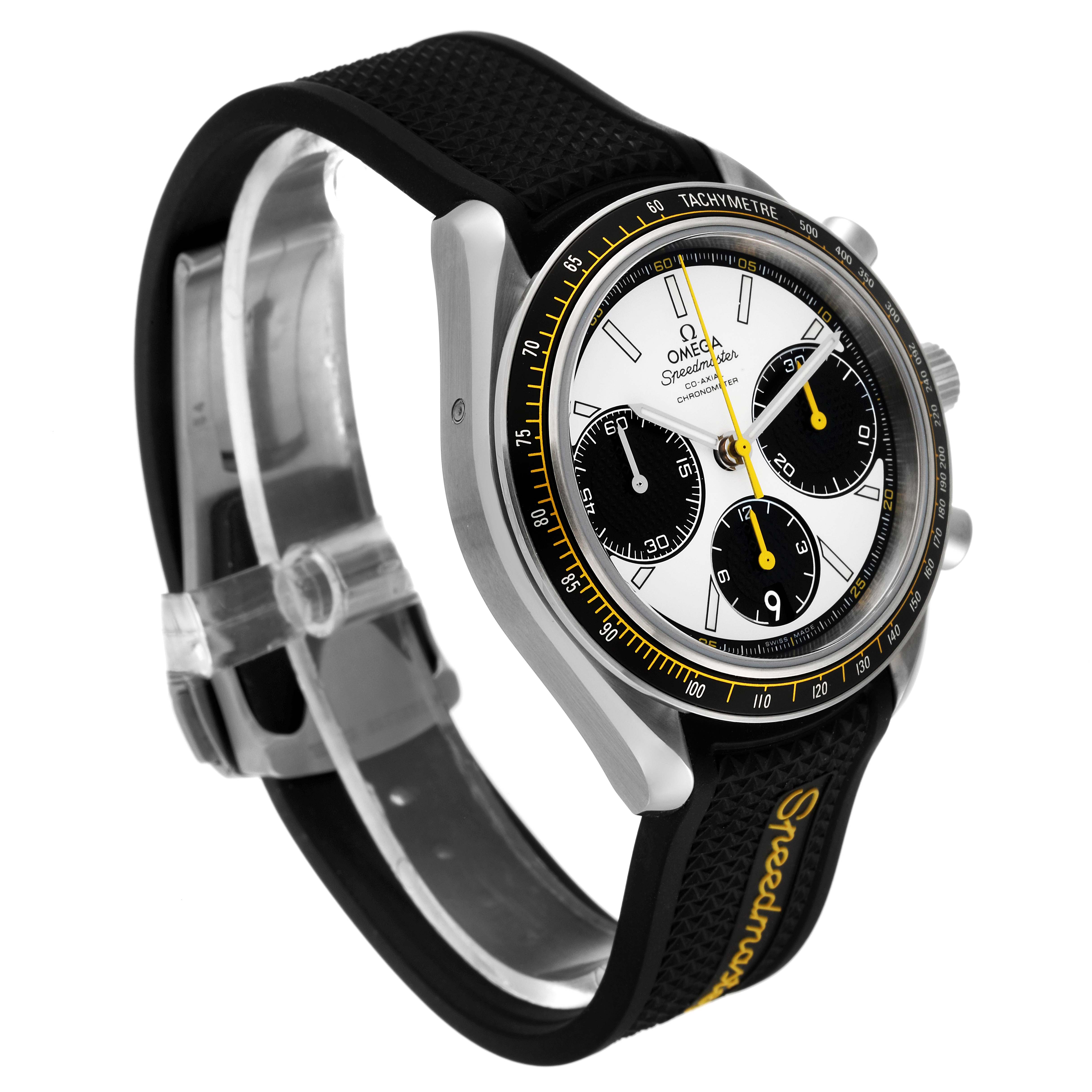 The image shows an angled side view of an Omega Speedmaster 326.32.40.50.04.001 Men's Stainless Steel White Dial 326.32.40.50.04.001 Men's Stainless Steel White Dial watch, highlighting the dial, tachymeter bezel, and strap.