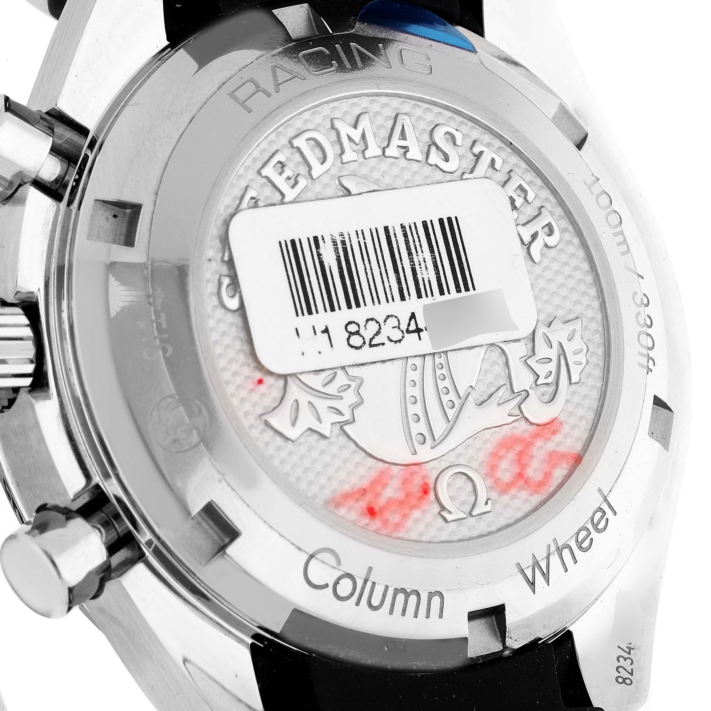 The image shows the back case of an Omega Speedmaster 326.32.40.50.04.001 Men's Stainless Steel White Dial 326.32.40.50.04.001 Men's Stainless Steel White Dial watch, highlighting its emblem and model details.