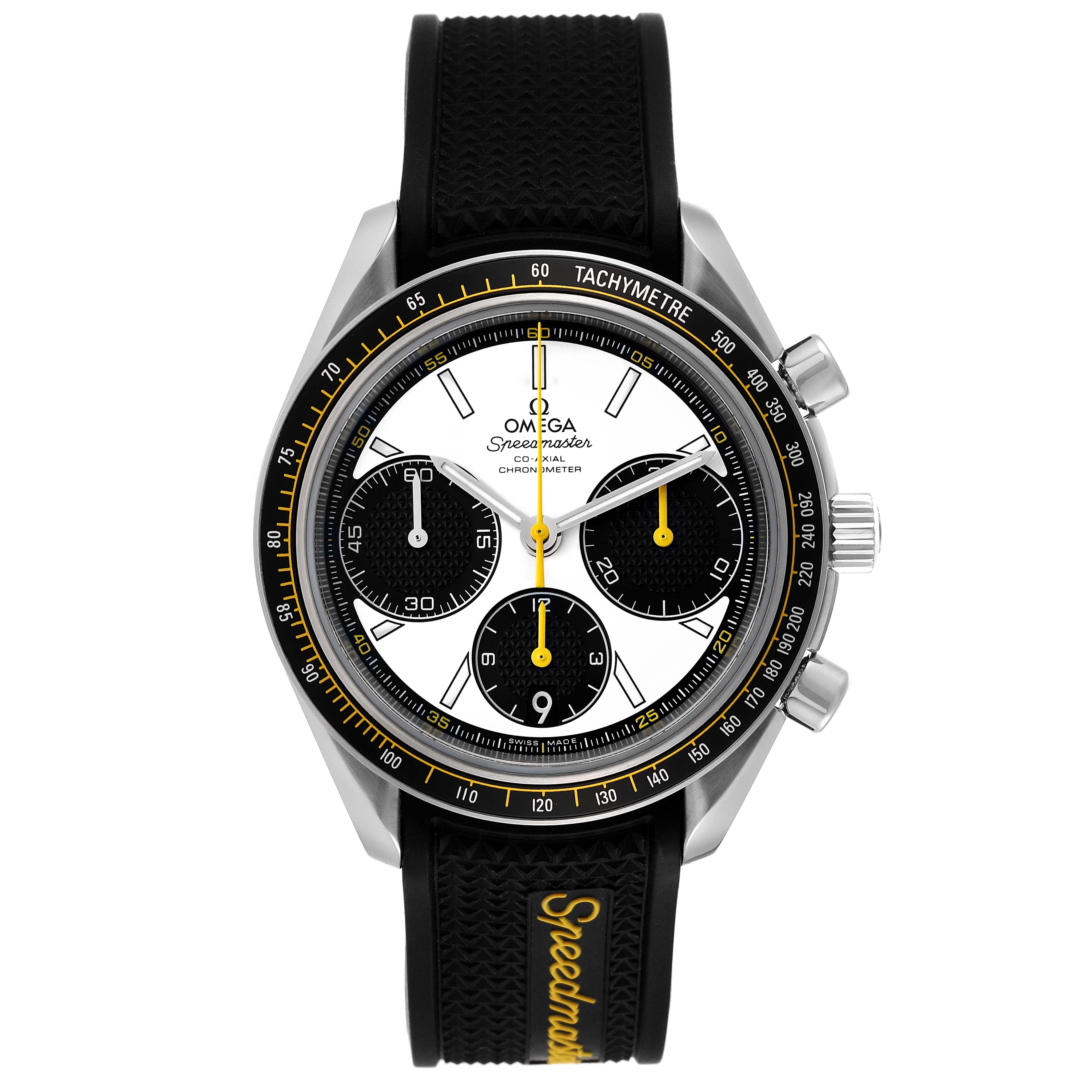The Omega Speedmaster 326.32.40.50.04.001 Men's Stainless Steel White Dial 326.32.40.50.04.001 Men's Stainless Steel White Dial watch is shown from the front, featuring a white dial, black subdials, a black tachymeter bezel, and a black strap.