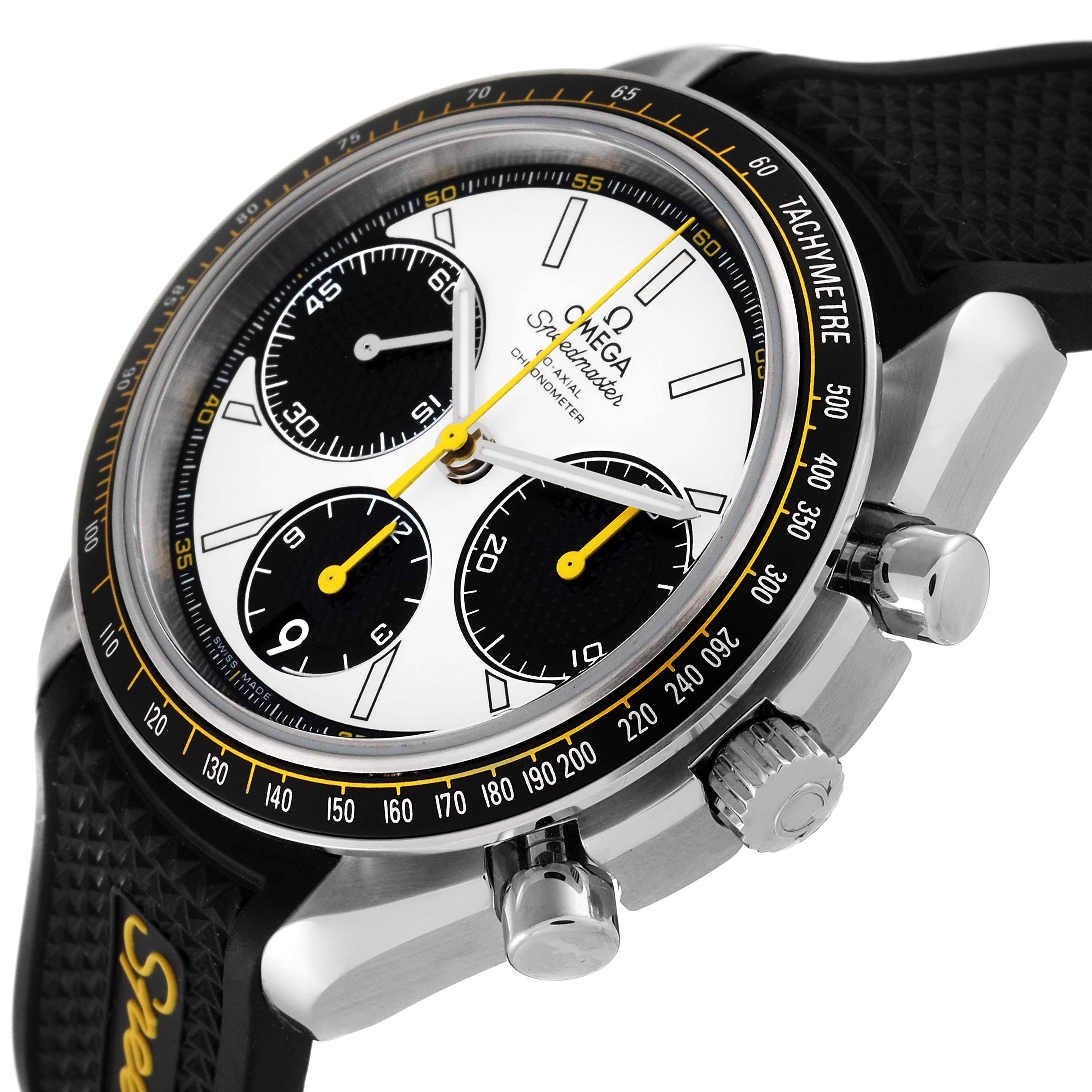 The Omega Speedmaster 326.32.40.50.04.001 Men's Stainless Steel White Dial 326.32.40.50.04.001 Men's Stainless Steel White Dial watch is shown at a side angle, highlighting the bezel, tachymeter, chronograph dials, and pushers.