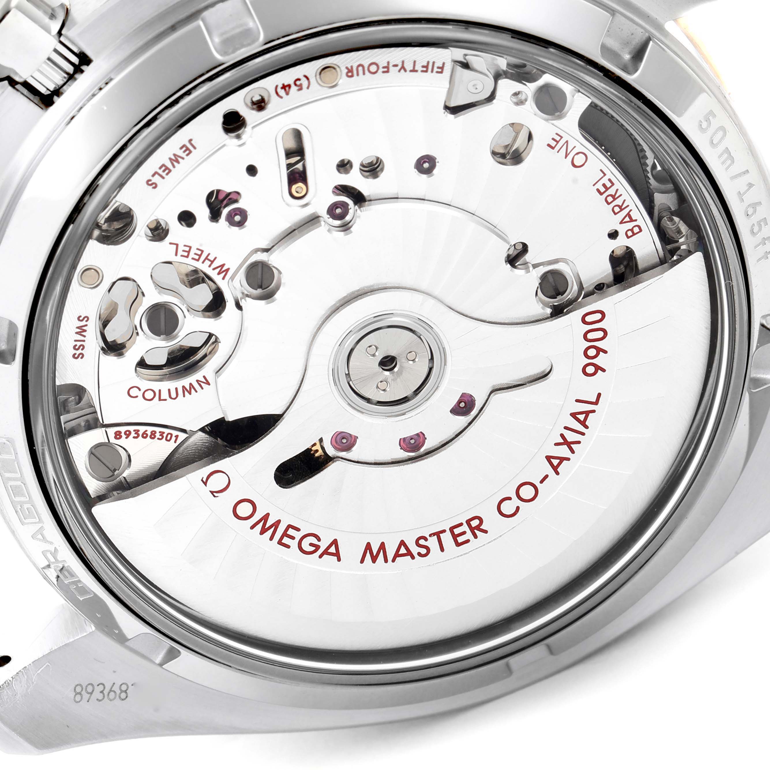 The image shows the back view of the Omega Speedmaster 329.23.44.51.06.001 Men's Steel and Gold (two tone) Grey Dial 329.23.44.51.06.001 Men's Steel and Gold (two tone) Grey Dial with its detailed inner mechanical components visible.