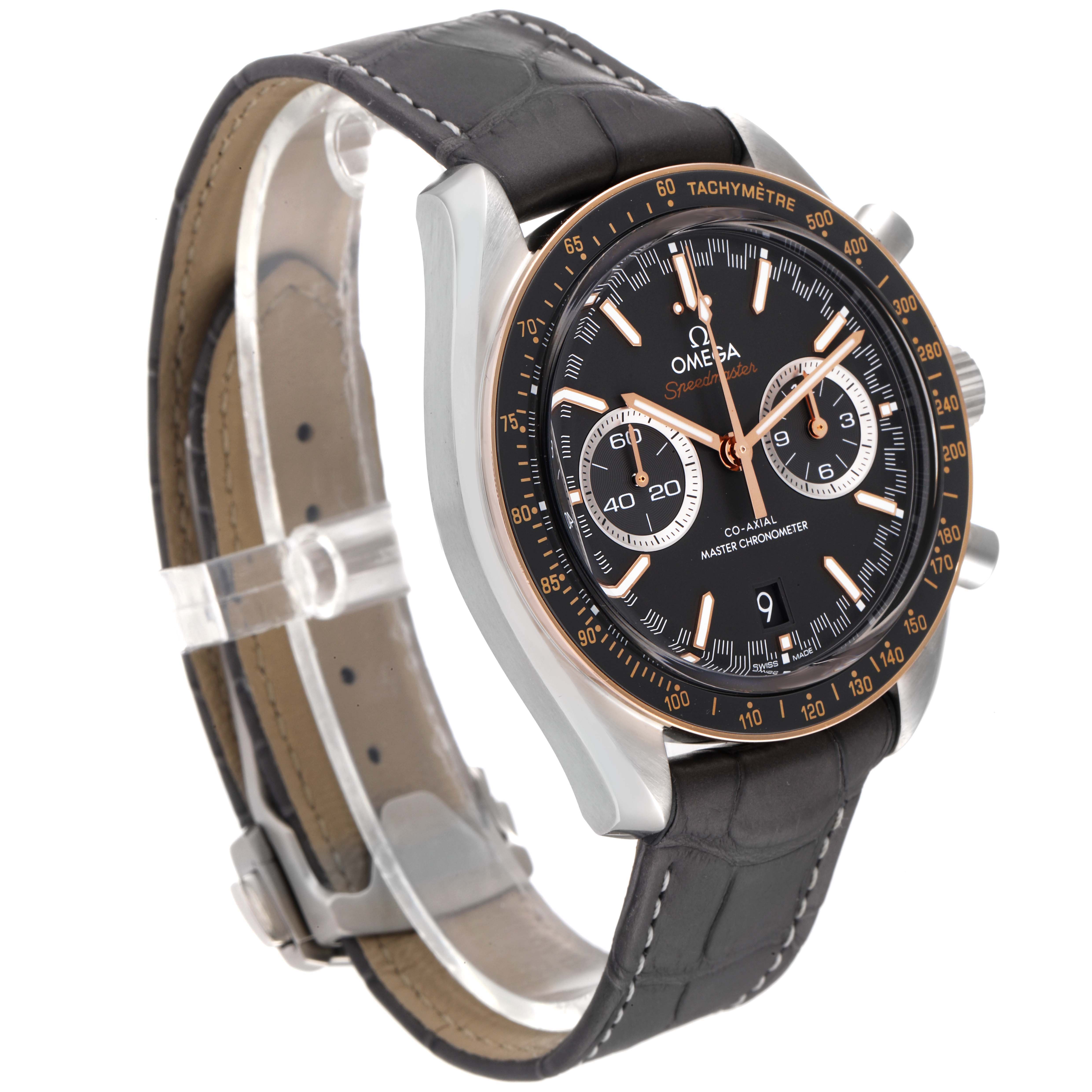 The Omega Speedmaster 329.23.44.51.06.001 Men's Steel and Gold (two tone) Grey Dial 329.23.44.51.06.001 Men's Steel and Gold (two tone) Grey Dial watch is shown at a three-quarter angle, highlighting the face, case, and leather strap.