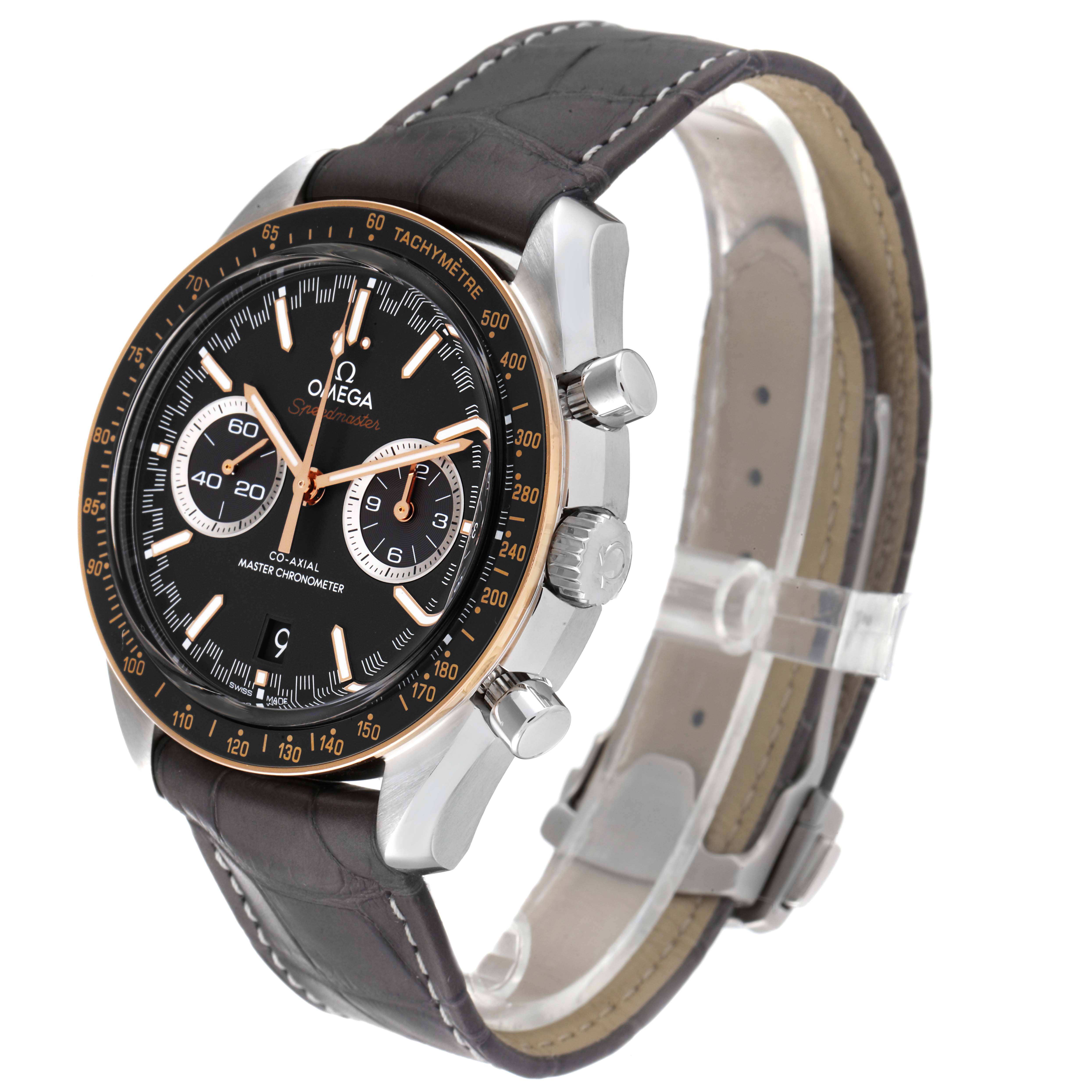 The Omega Speedmaster 329.23.44.51.06.001 Men's Steel and Gold (two tone) Grey Dial 329.23.44.51.06.001 Men's Steel and Gold (two tone) Grey Dial watch is shown at a three-quarter angle displaying the face, crown, pushers, and leather strap.