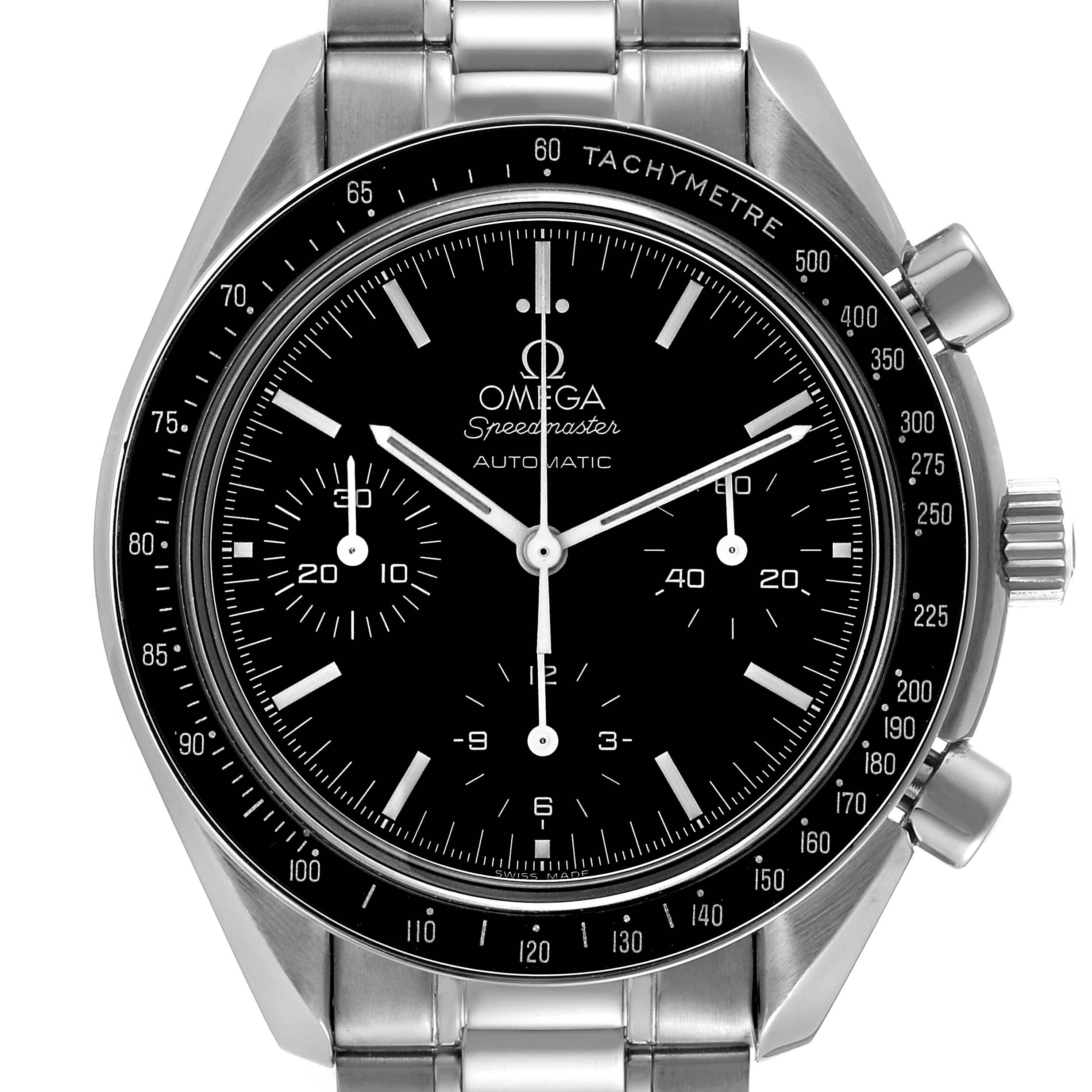 This image shows a front view of the Omega Speedmaster 3539.50.00 Men's Stainless Steel Black Dial 3539.50.00 Men's Stainless Steel Black Dial watch, displaying the dial, bezel, crown, and pushers.