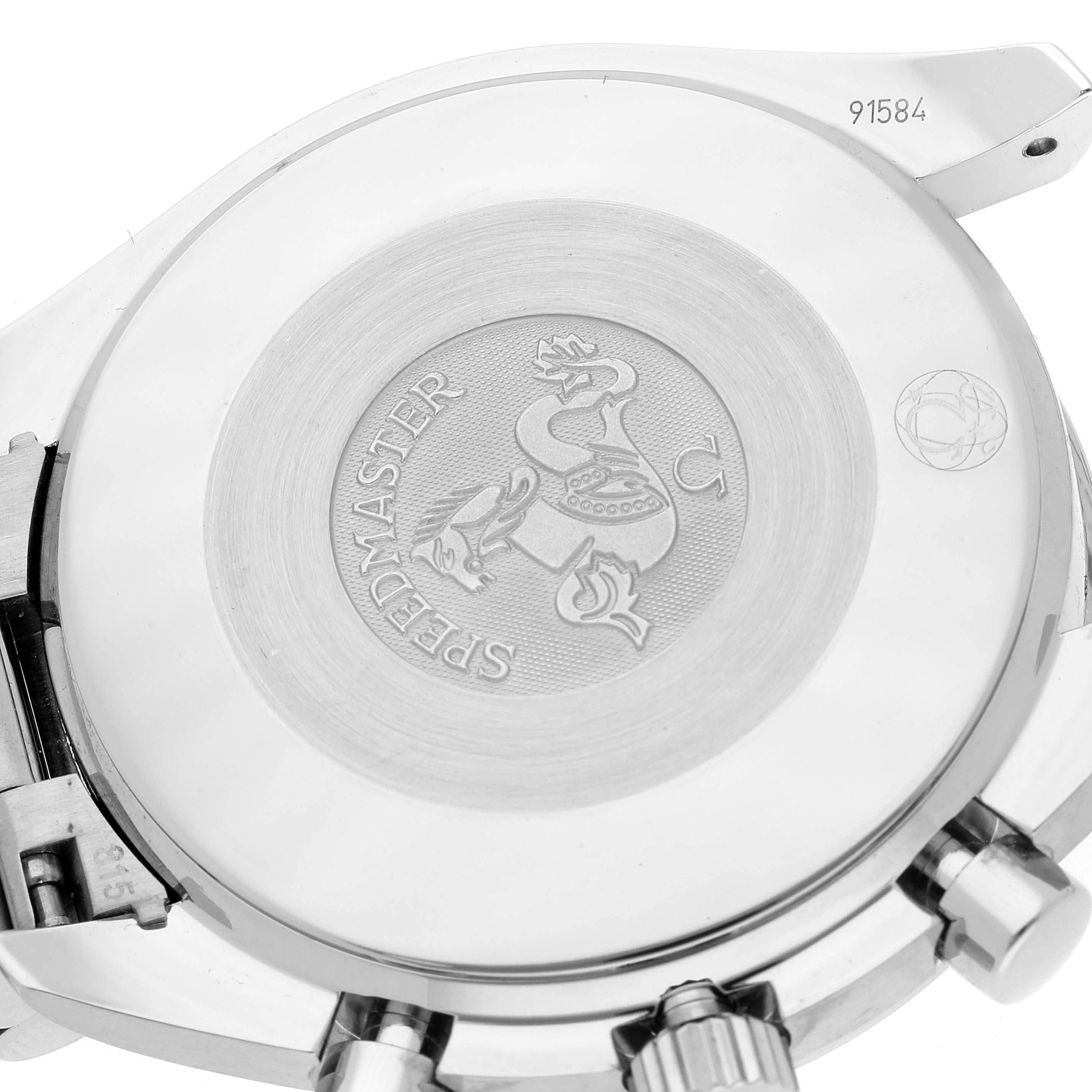 The image shows the back case of an Omega Speedmaster 3539.50.00 Men's Stainless Steel Black Dial 3539.50.00 Men's Stainless Steel Black Dial watch, featuring an engraved logo and model name.