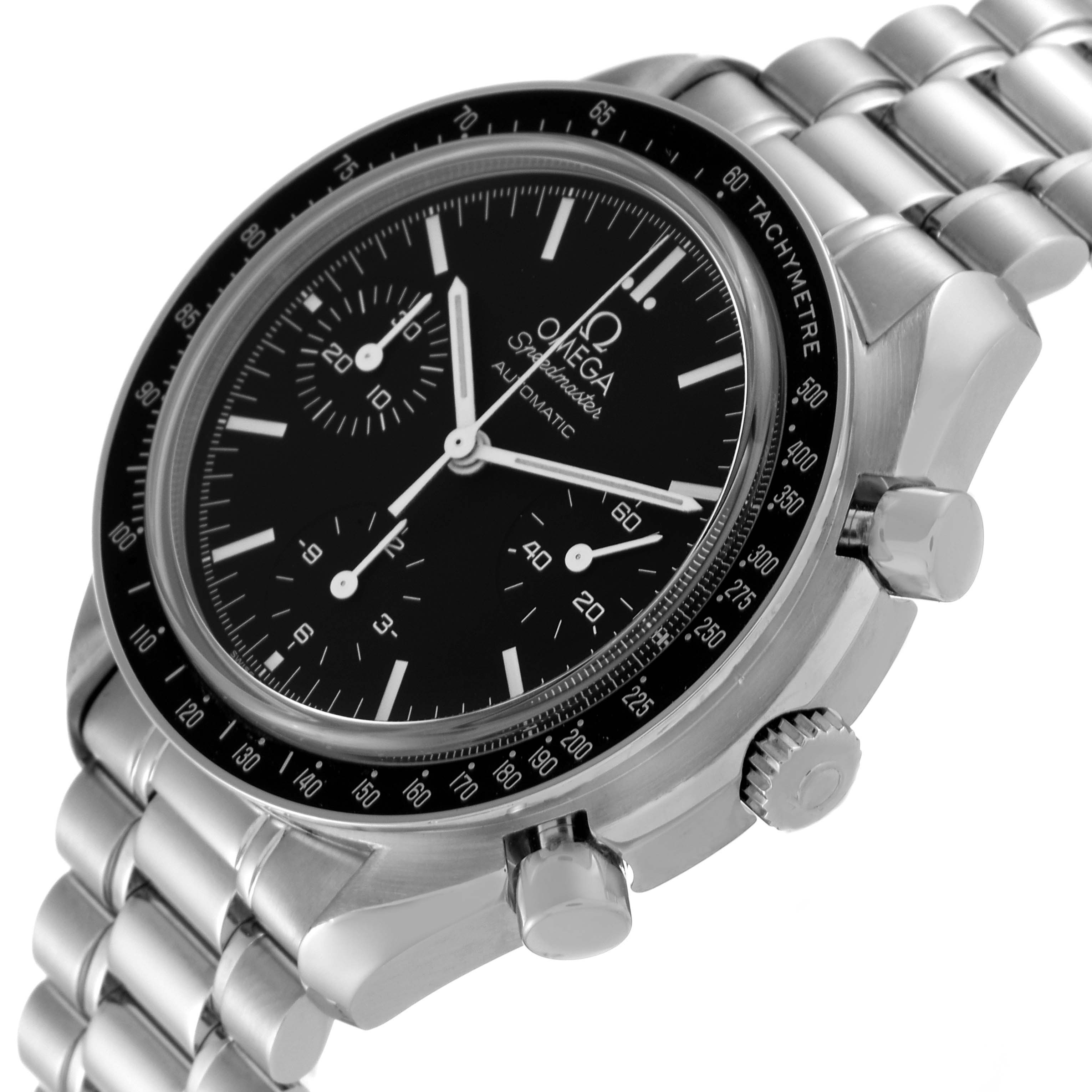 This image shows a close-up angled view of the Omega Speedmaster 3539.50.00 Men's Stainless Steel Black Dial 3539.50.00 Men's Stainless Steel Black Dial watch, highlighting its bezel, dial, and pushers.