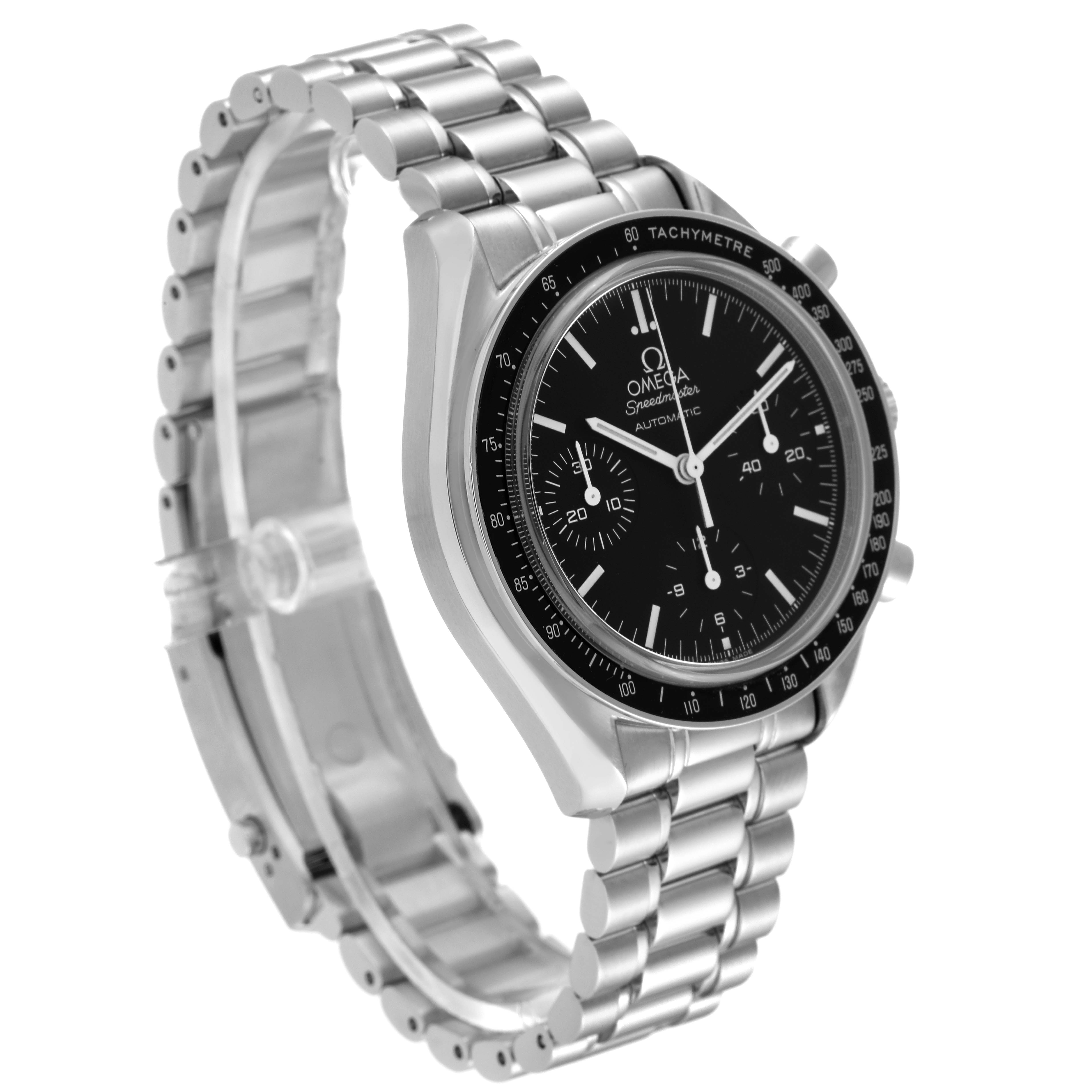 The Omega Speedmaster 3539.50.00 Men's Stainless Steel Black Dial 3539.50.00 Men's Stainless Steel Black Dial watch is shown at a slight diagonal angle, highlighting its black dial, tachymeter bezel, and silver bracelet.
