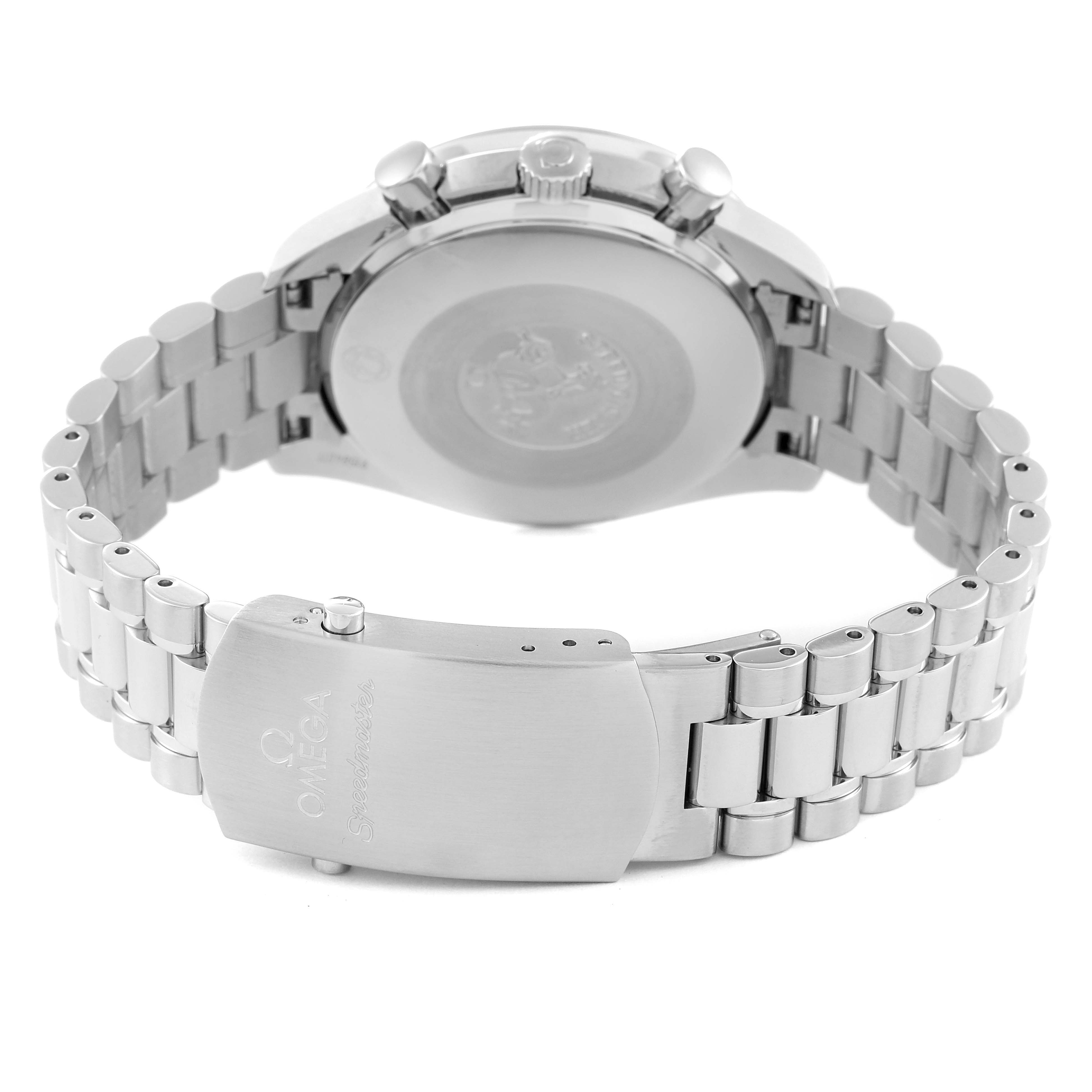 The image shows the back case, clasp, and strap of an Omega Speedmaster 3539.50.00 Men's Stainless Steel Black Dial 3539.50.00 Men's Stainless Steel Black Dial watch from a rear angle.