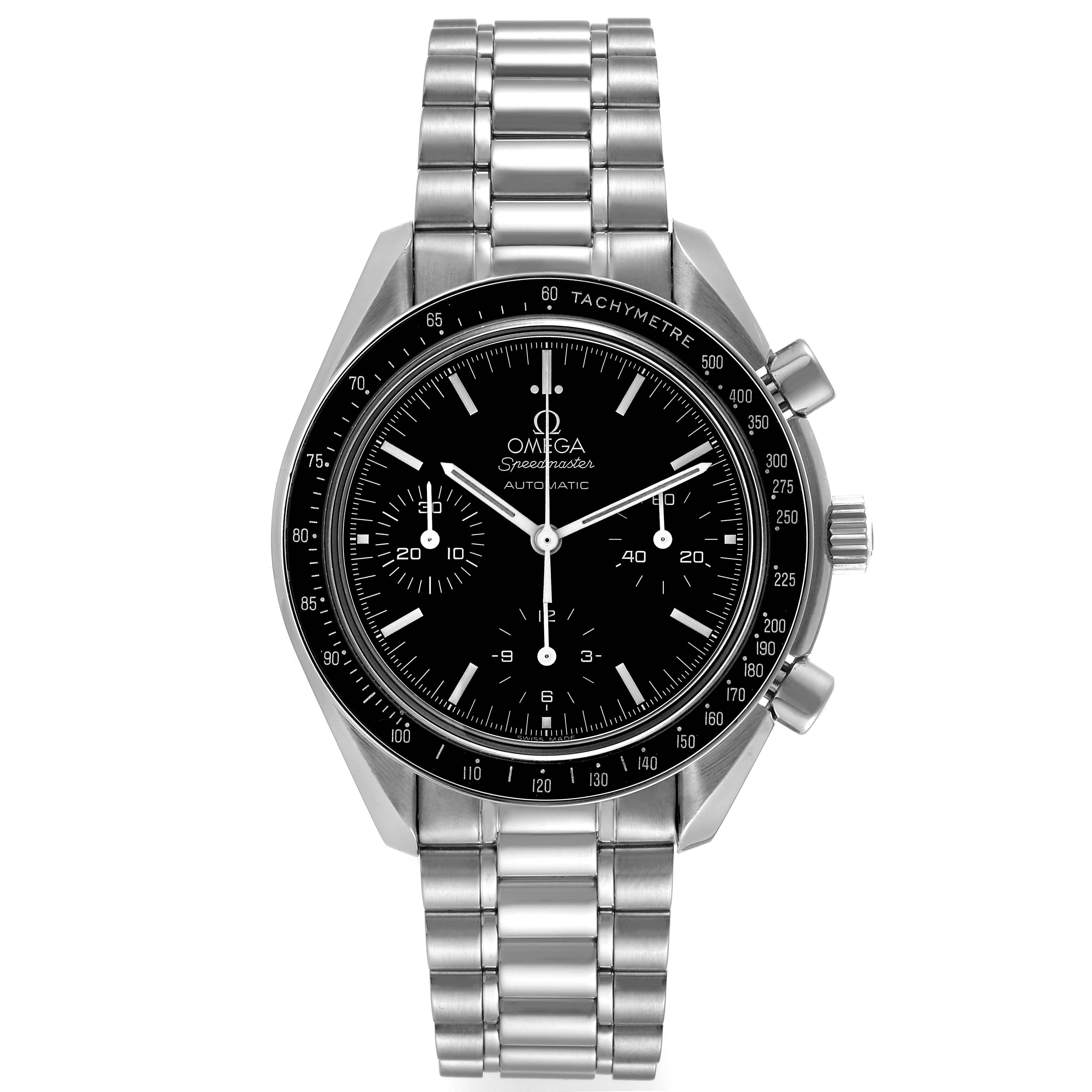The image shows a front view of an Omega Speedmaster 3539.50.00 Men's Stainless Steel Black Dial 3539.50.00 Men's Stainless Steel Black Dial watch, focusing on the dial, bezel, and stainless steel bracelet.