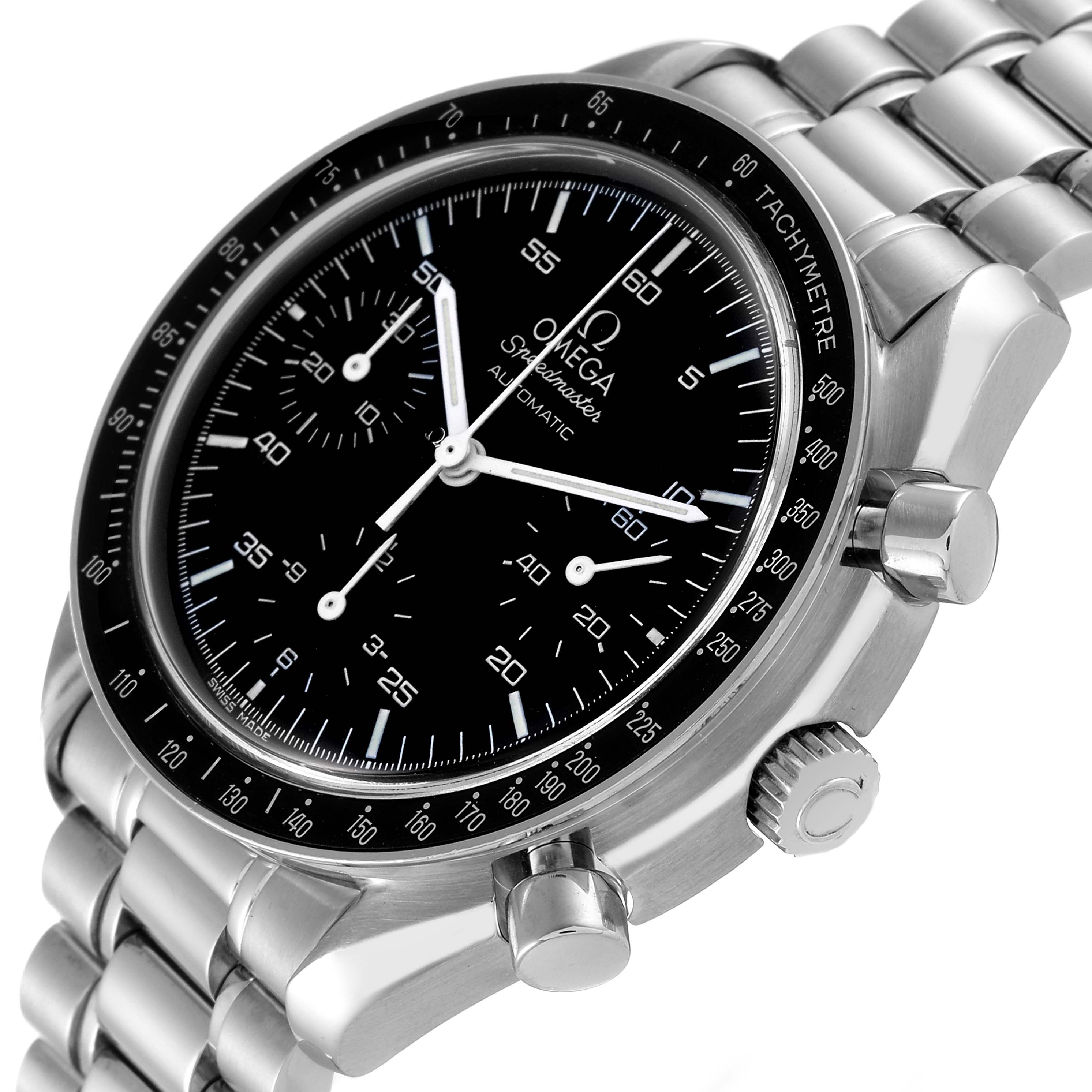 The image shows an Omega Speedmaster 3510.50.00 Men's Stainless Steel Black Dial 3510.50.00 Men's Stainless Steel Black Dial watch at an angle highlighting the dial, bezel, crown, and pushers, along with its metal bracelet.