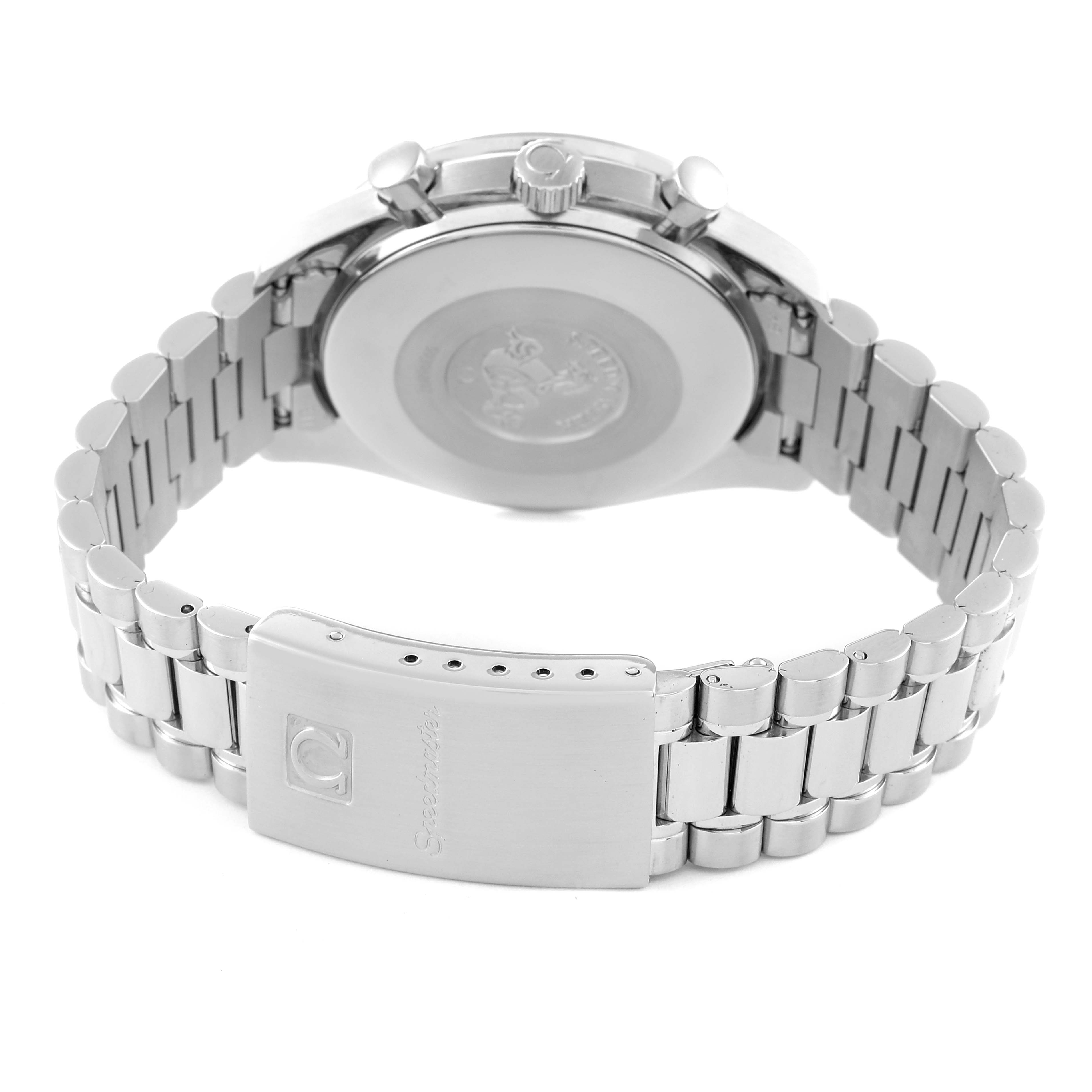 The image shows the back view of the Omega Speedmaster 3510.50.00 Men's Stainless Steel Black Dial 3510.50.00 Men's Stainless Steel Black Dial watch, highlighting the case back, crown, and metal bracelet with the clasp.