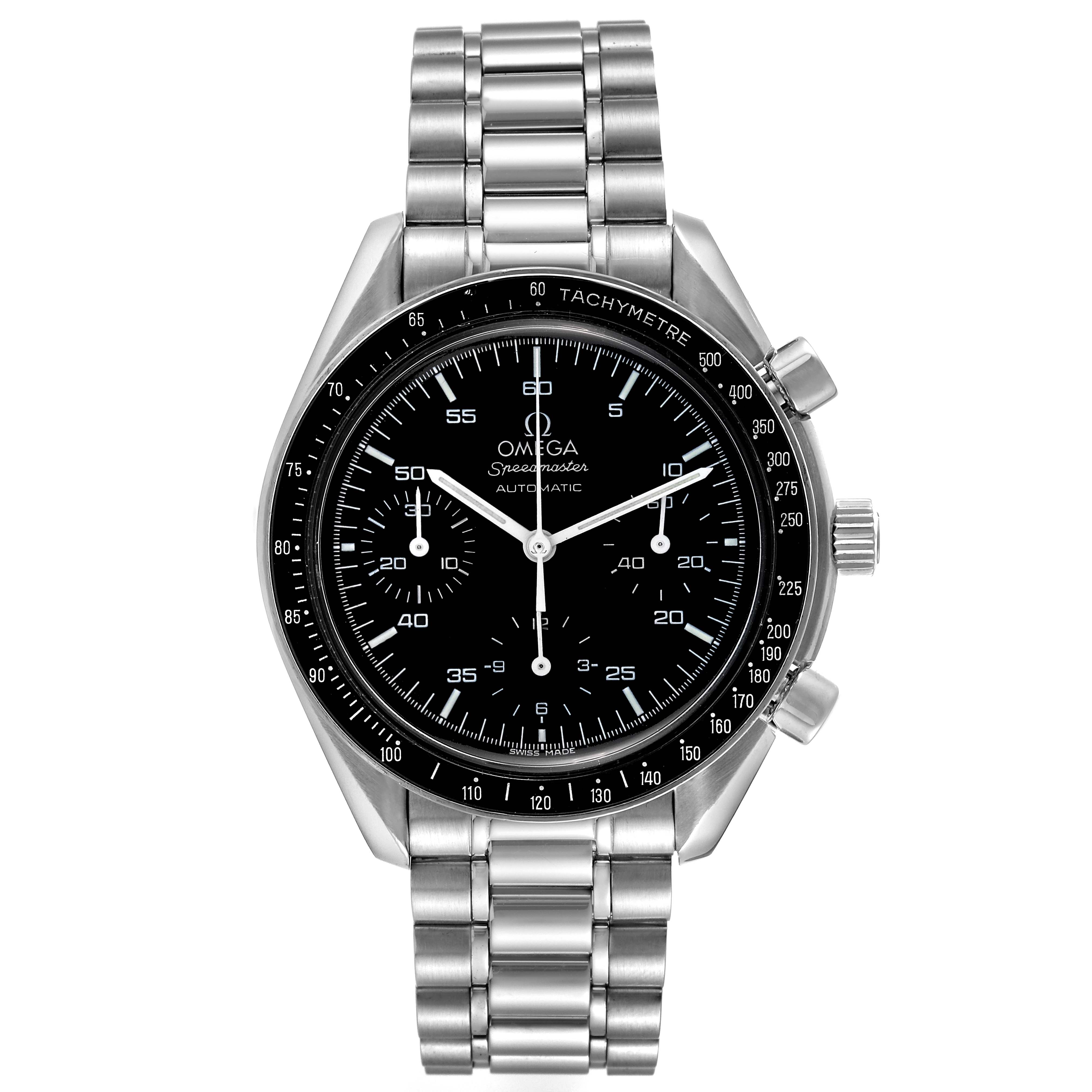 The Omega Speedmaster 3510.50.00 Men's Stainless Steel Black Dial 3510.50.00 Men's Stainless Steel Black Dial watch is shown from the front, displaying its face, bezel, crown, pushers, and metal bracelet.
